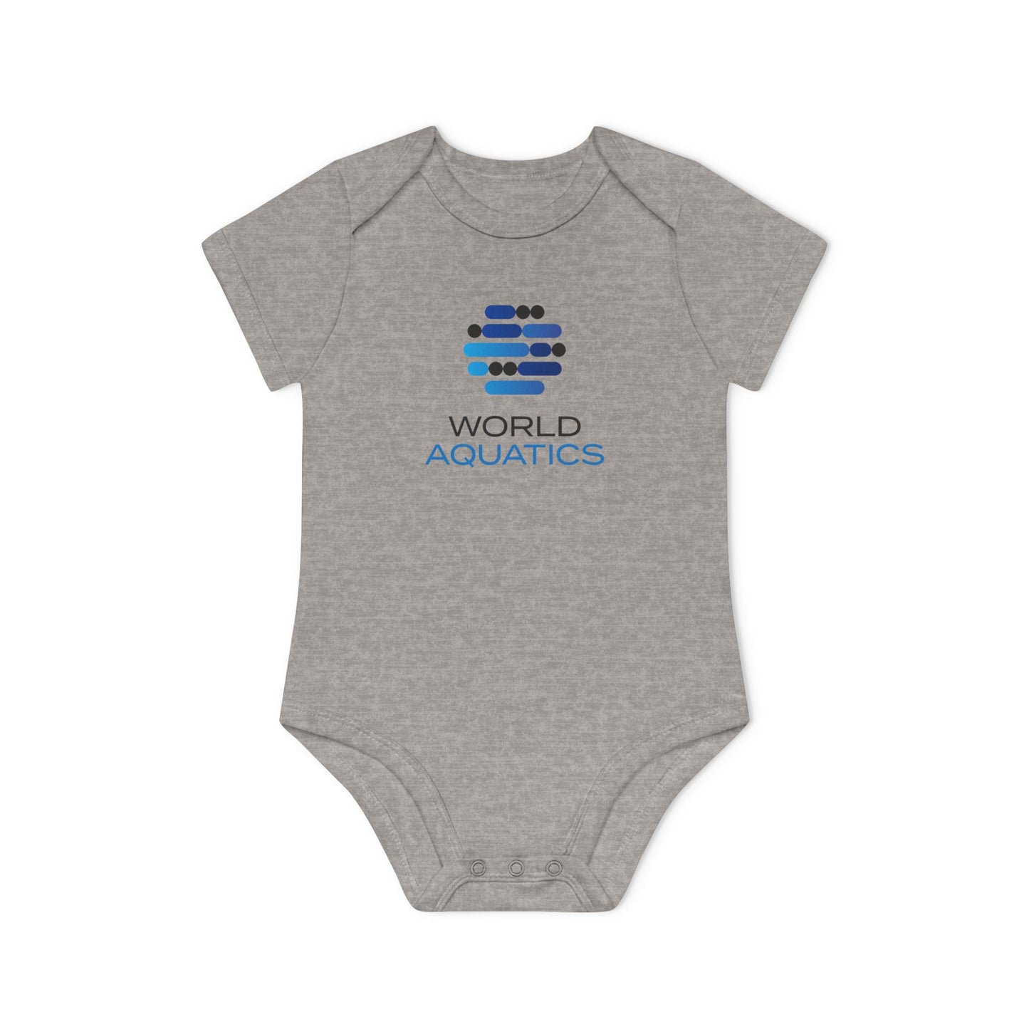 Gray World Aquatics Baby Bodysuit – comfortable and stylish organic cotton infant onesie with printed logo.