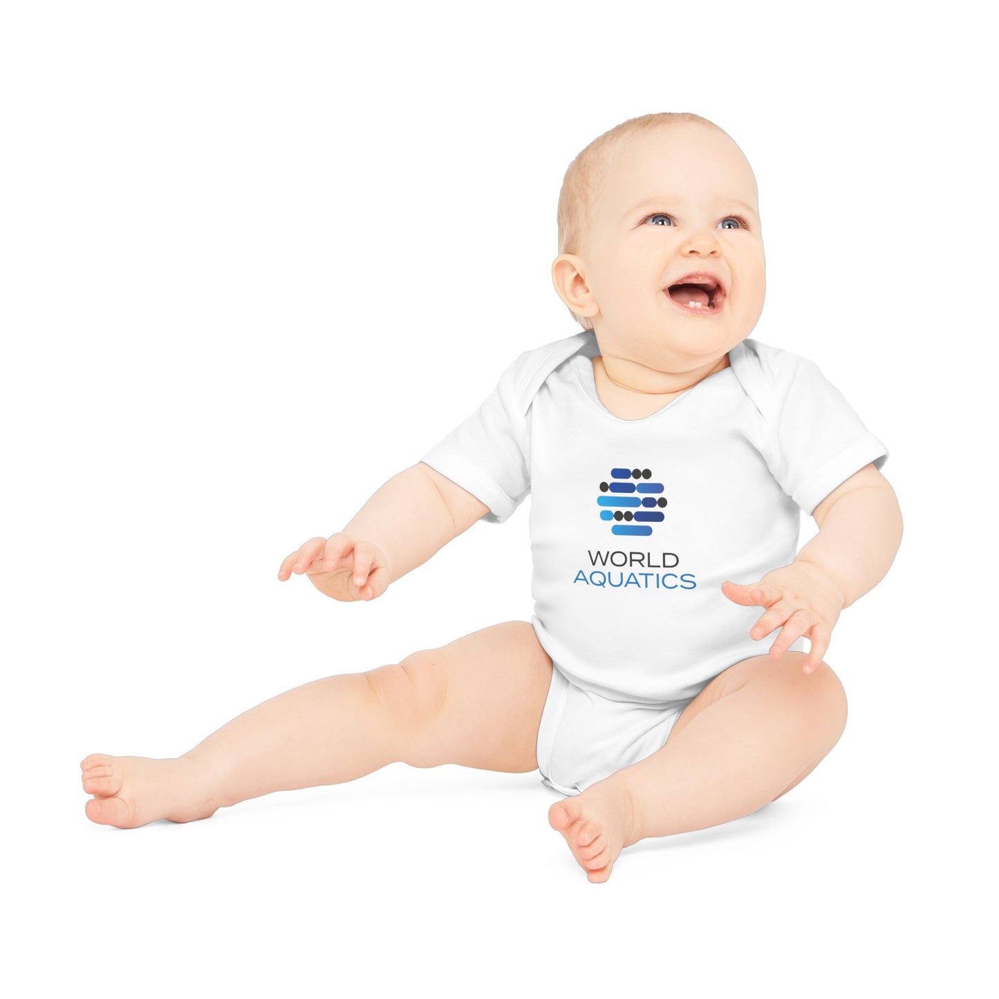 Baby wearing World Aquatics Bodysuit – soft organic cotton baby onesie with World Aquatics logo, perfect for everyday comfort.