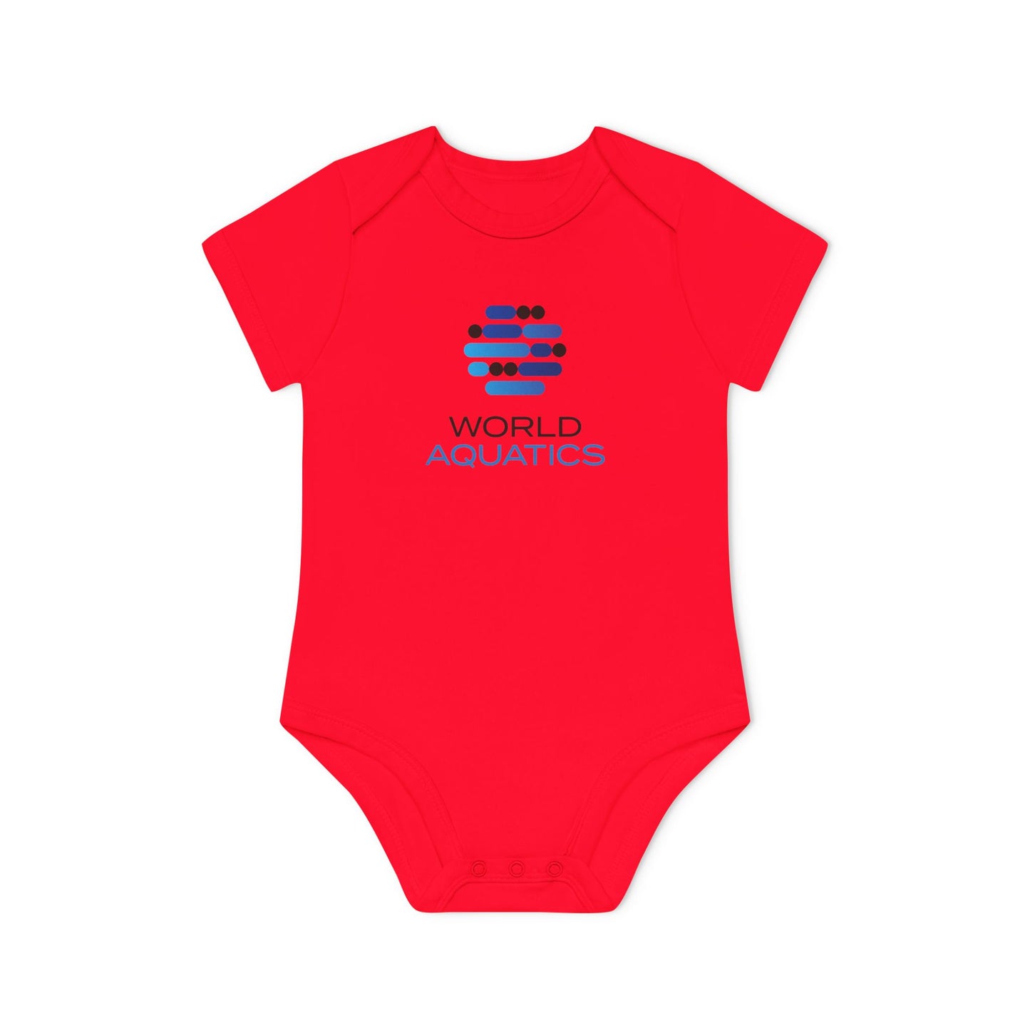 Red World Aquatics Baby Bodysuit – bright and cheerful organic cotton bodysuit with printed World Aquatics emblem.