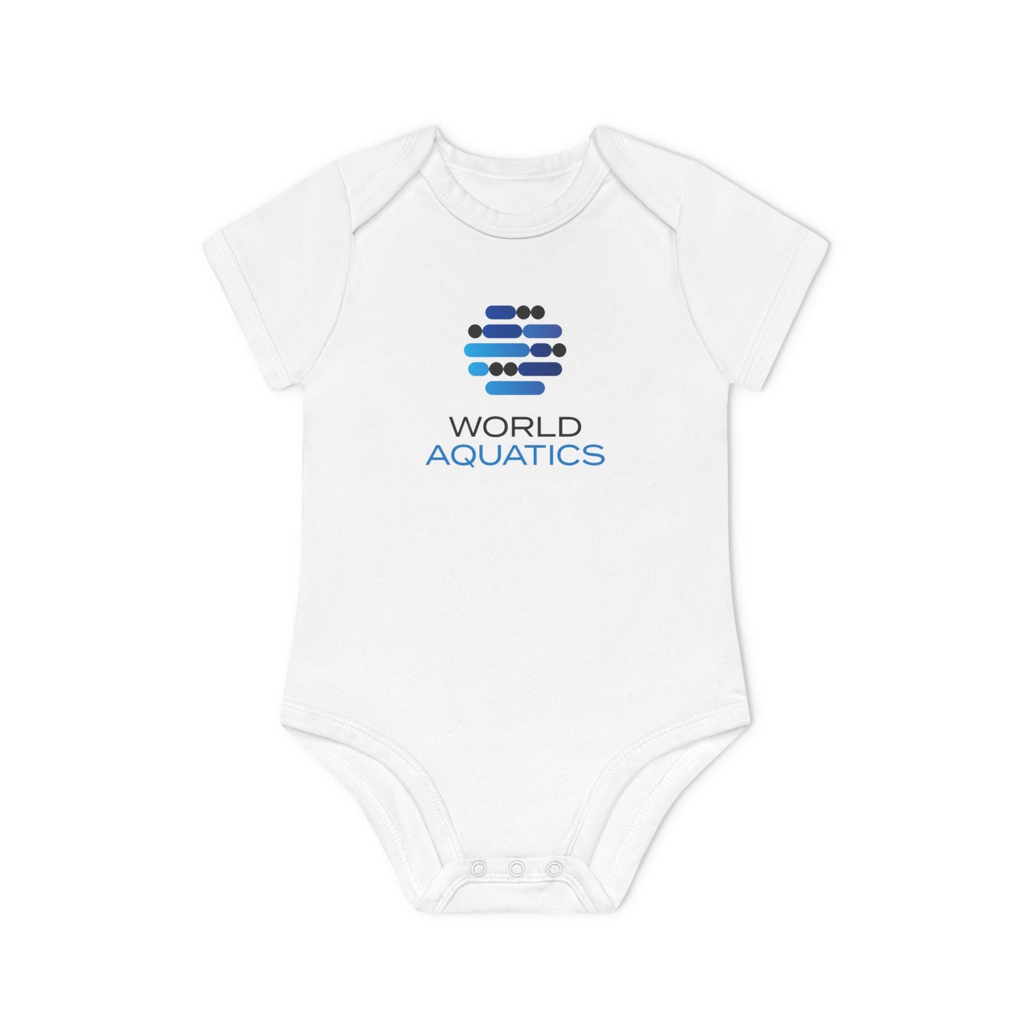 White World Aquatics Baby Bodysuit – 100% organic cotton onesie with short sleeves and envelope neckline.