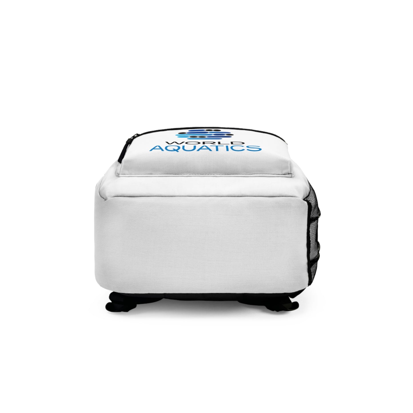Bottom view of World Aquatics Backpack showing durable base construction, stable shape, and smooth zipper lining.