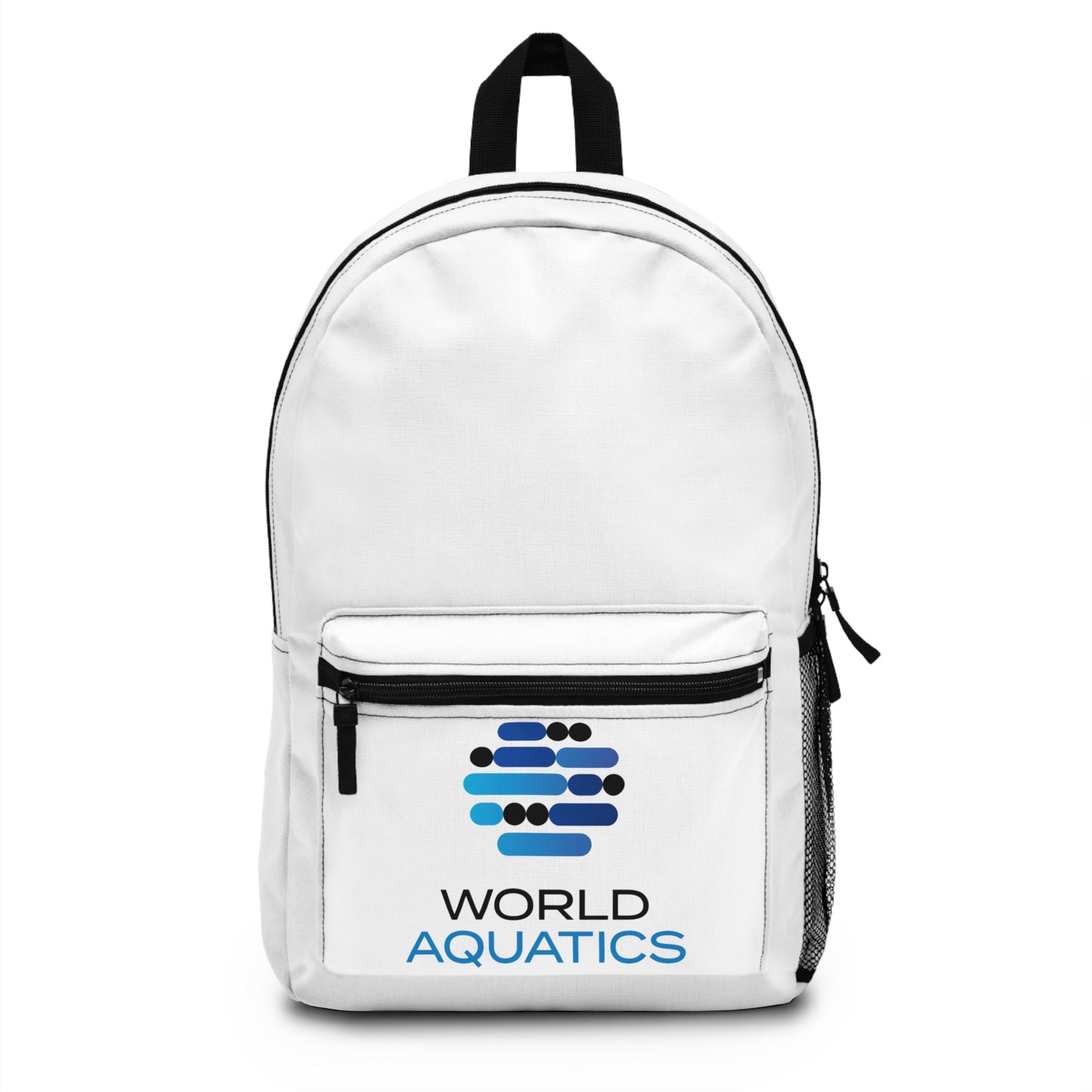 World Aquatics Backpack – front view of lightweight, durable polyester backpack featuring World Aquatics logo and zip front pocket.