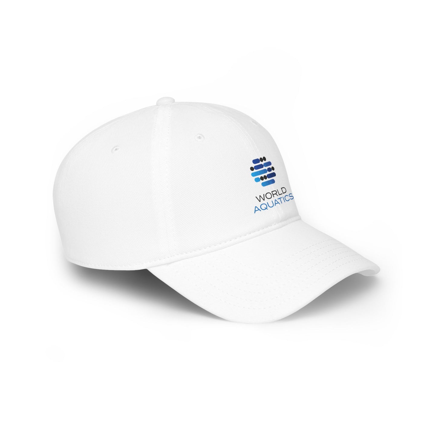 Side view of World Aquatics Baseball Cap – curved visor and structured 6-panel design.