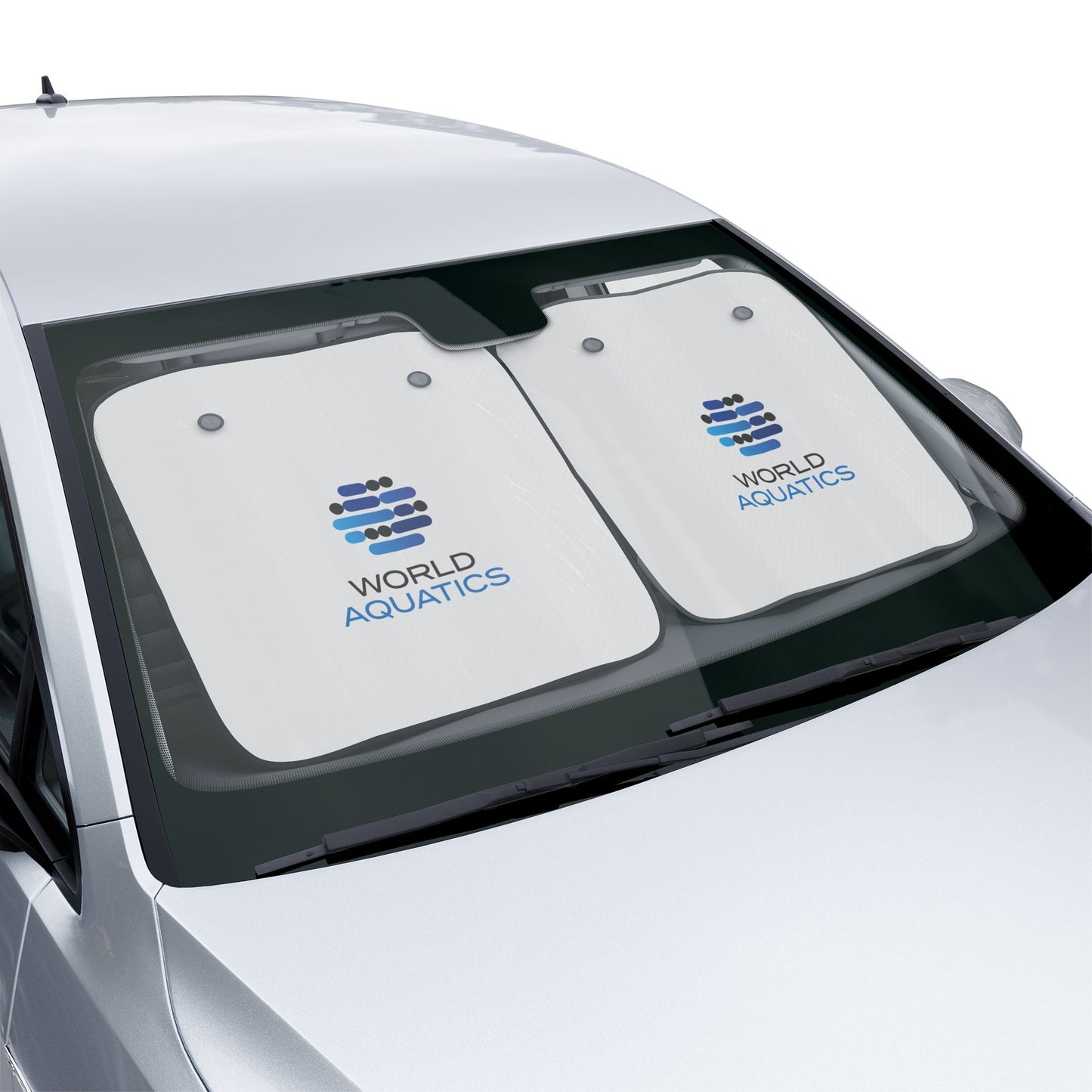 World Aquatics Car Sun Shades in action inside a parked car – high-impact print shades the interior and prevents heat buildup.