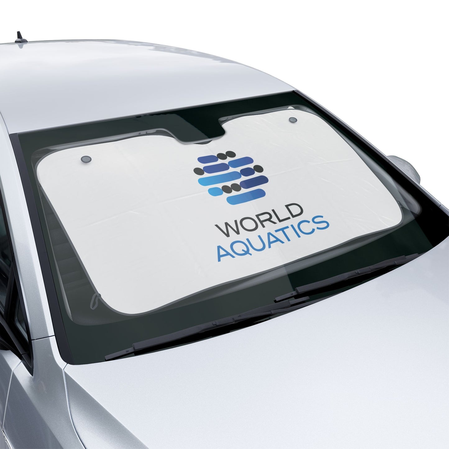 Car sunshade with World Aquatics logo on a white car