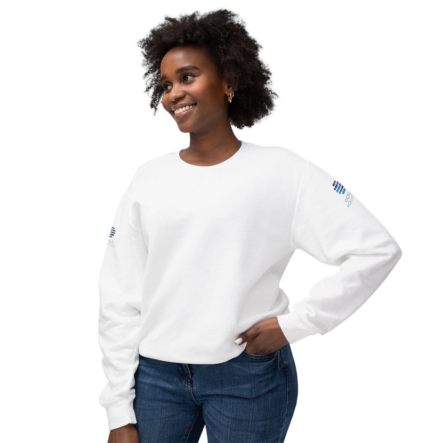 Woman wearing World Aquatics Crewneck Sweatshirt – modern unisex fit for comfort and sustainable fashion.