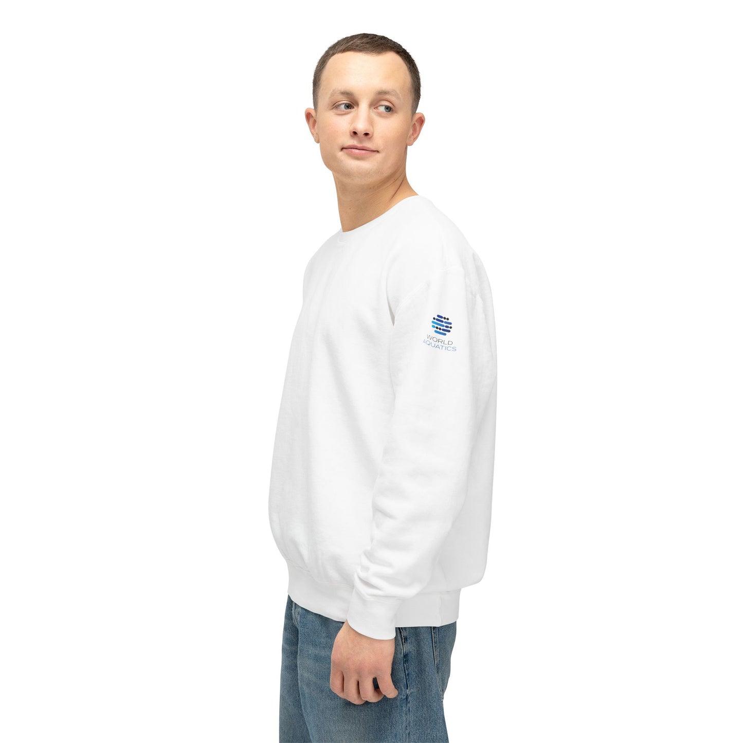 Man wearing World Aquatics Crewneck Sweatshirt – soft cotton pullover with embroidered logo, casual and stylish.