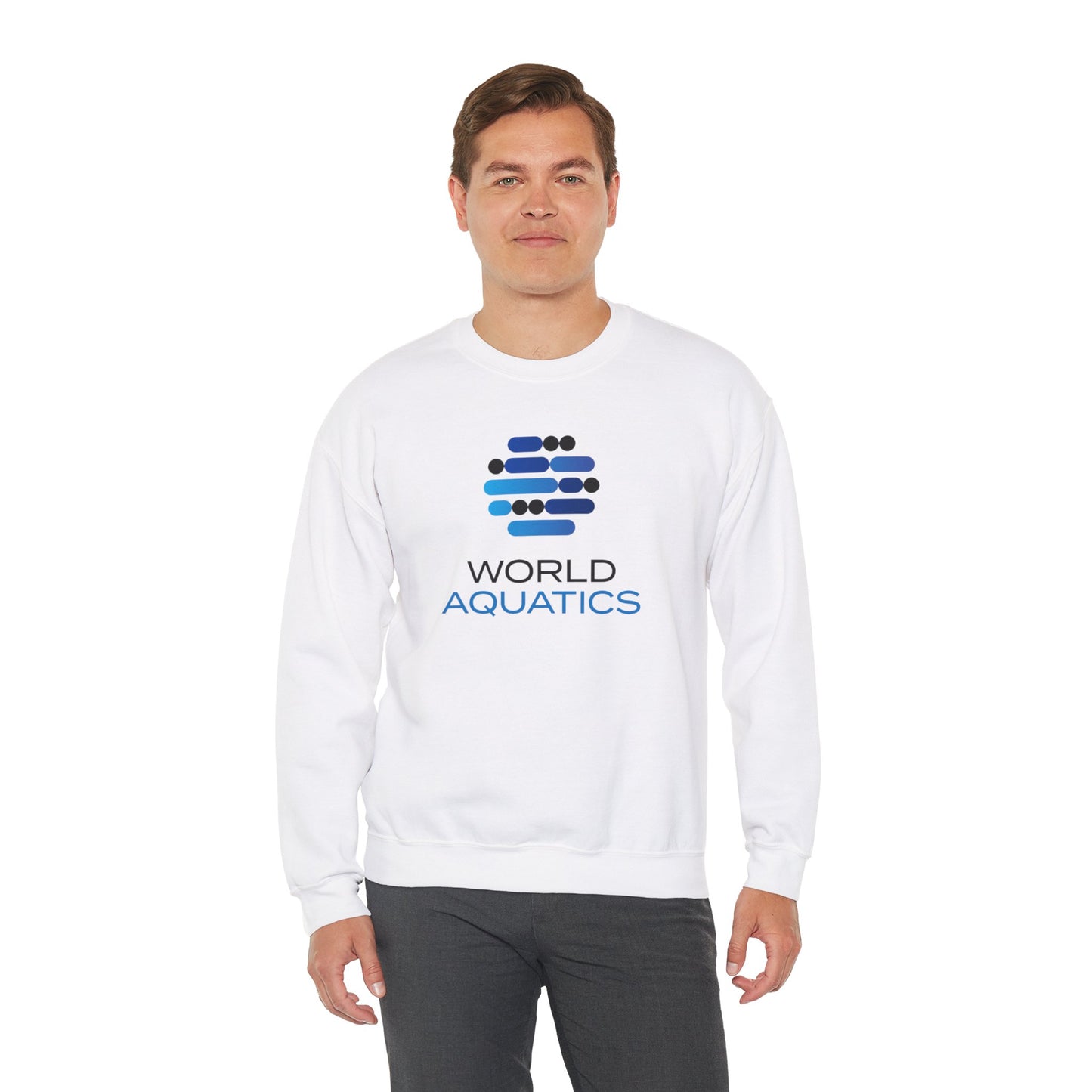 Man wearing World Aquatics Crewneck Sweatshirt – soft cotton blend pullover with logo, ideal for casual or sporty wear.