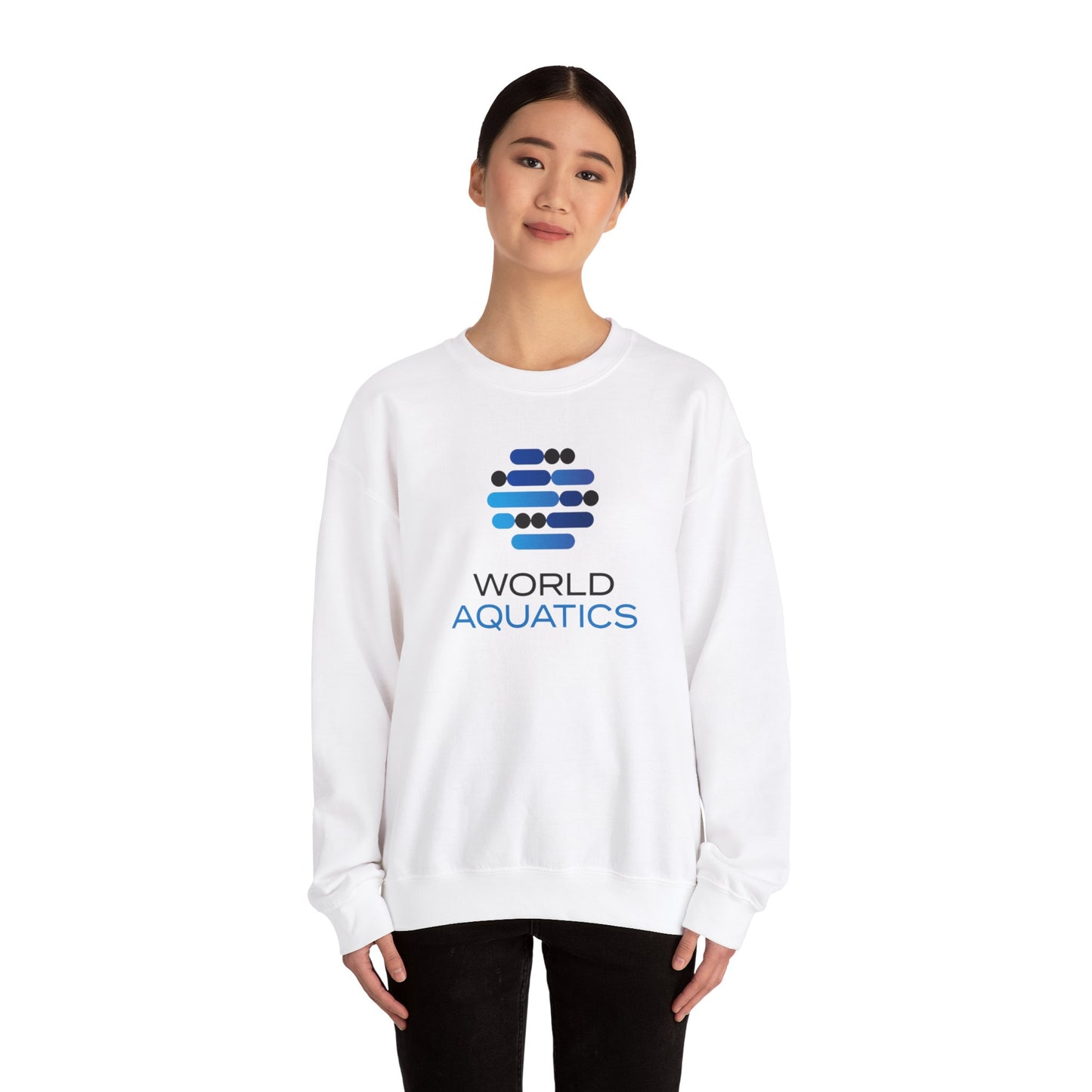 Woman wearing World Aquatics Crewneck Sweatshirt – classic unisex fit for everyday comfort and style.