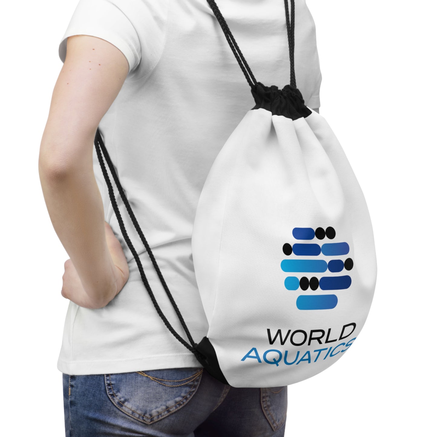 Woman carrying the World Aquatics Drawstring Bag at beach or city outing – versatile, lightweight, and ideal for everyday adventures.