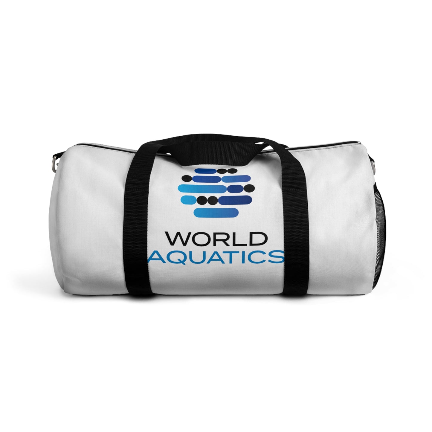 Front view of World Aquatics Duffel Bag – spacious polyester gym bag with black straps and side pockets.