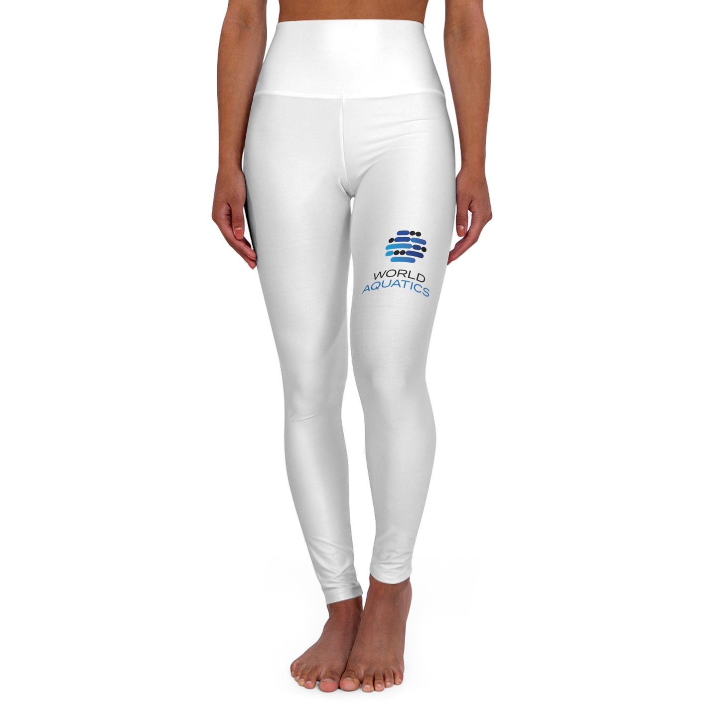 Woman wearing World Aquatics High-Waisted Leggings – sleek, comfortable fit with logo detail, perfect for workouts or casual wear.
