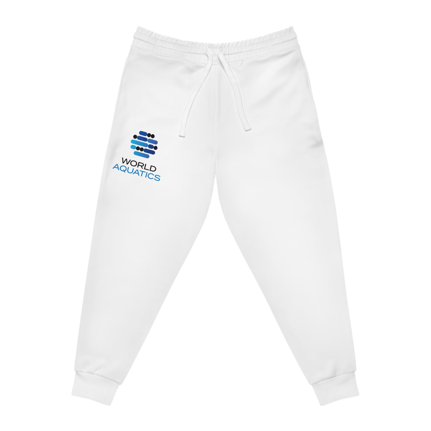 Front view of World Aquatics Jogging Pants – soft polyester joggers with adjustable drawstring waist and side pockets.