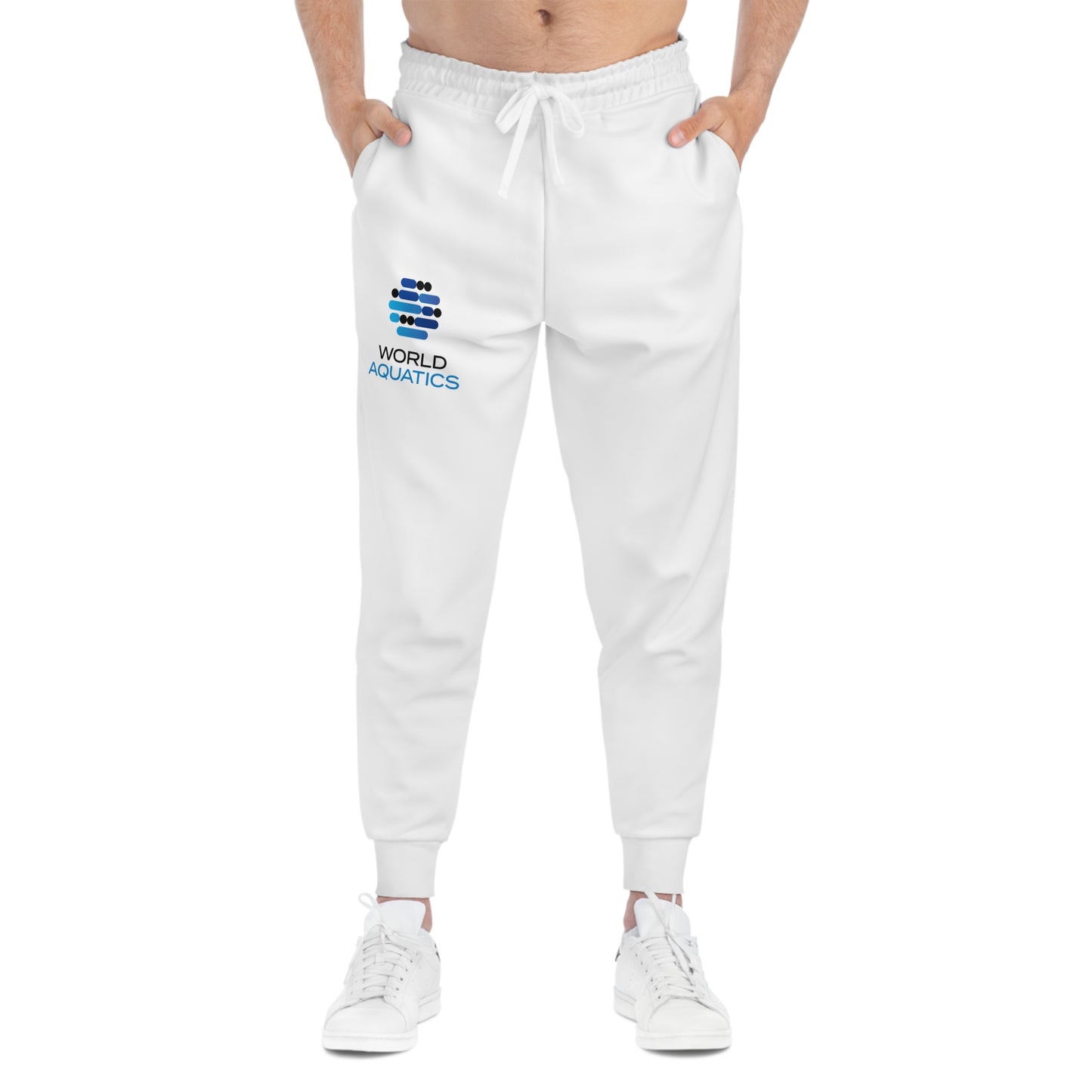 Man wearing World Aquatics Jogging Pants – white unisex athletic joggers with logo, perfect for workouts or casual wear.