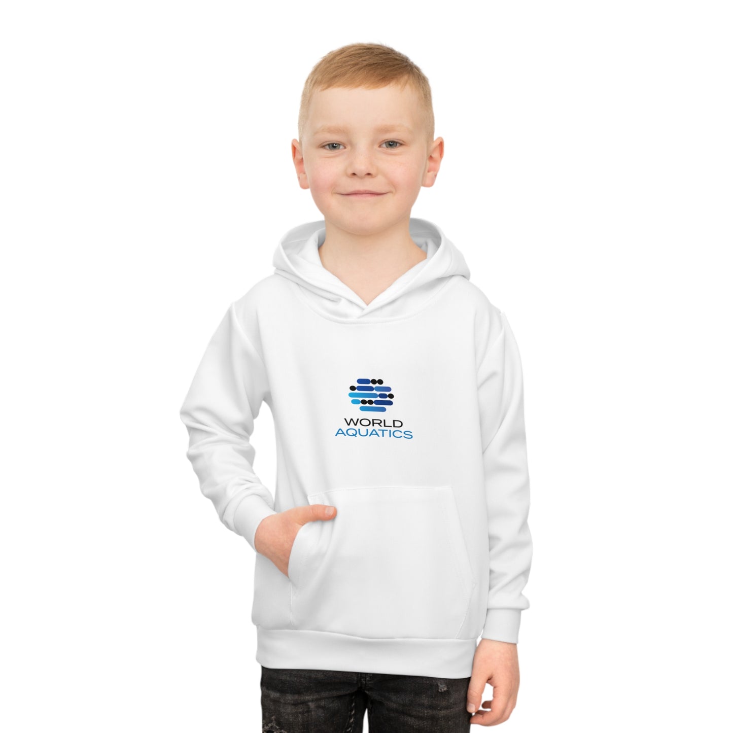 Boy wearing World Aquatics Kids Hoodie – unisex children’s pullover hoodie with World Aquatics logo for active kids.