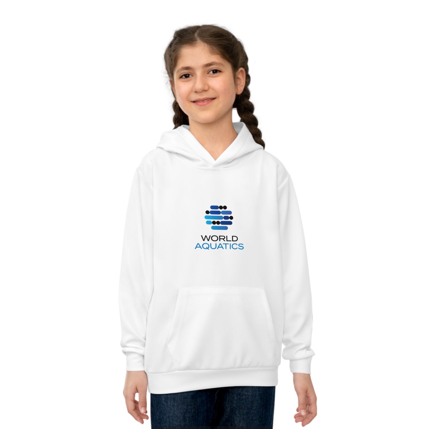 Girl wearing World Aquatics Kids Hoodie – soft, comfortable pullover hoodie with front pocket and World Aquatics logo.