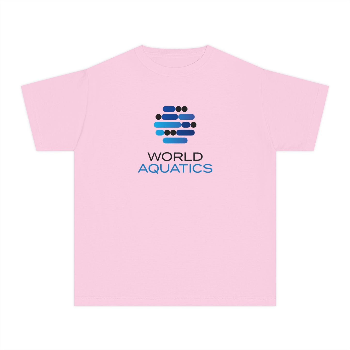 Pink World Aquatics Kids T-Shirt – cute and comfy cotton tee with World Aquatics logo, perfect for young swimmers and fans.