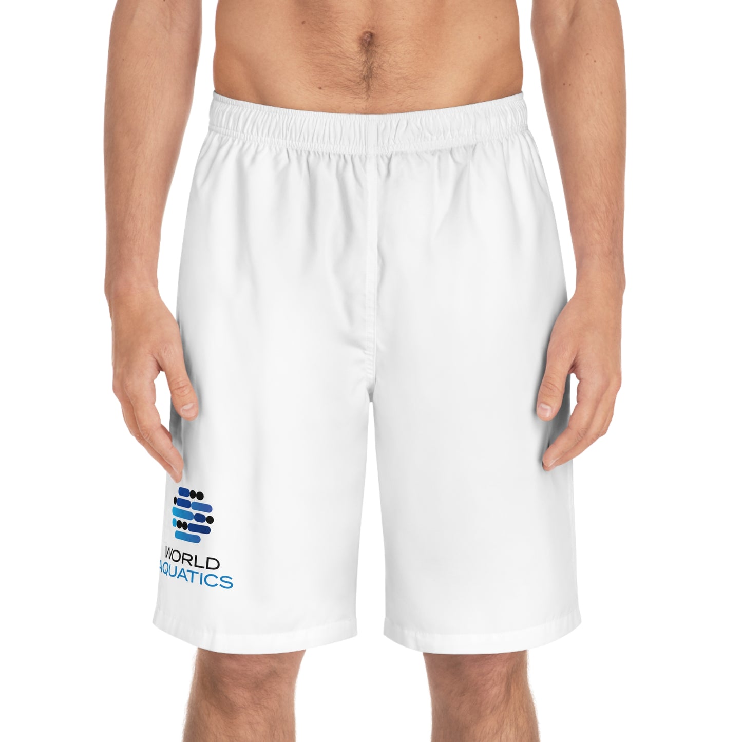 Man wearing World Aquatics Men’s Board Shorts – lightweight white swim shorts with logo, designed for comfort and performance.