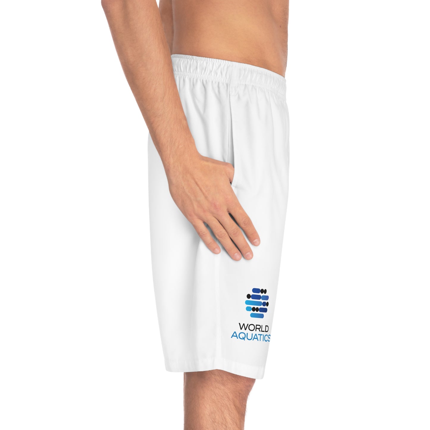 Side view of World Aquatics Men’s Board Shorts – stylish fit with side pockets for everyday or active use.