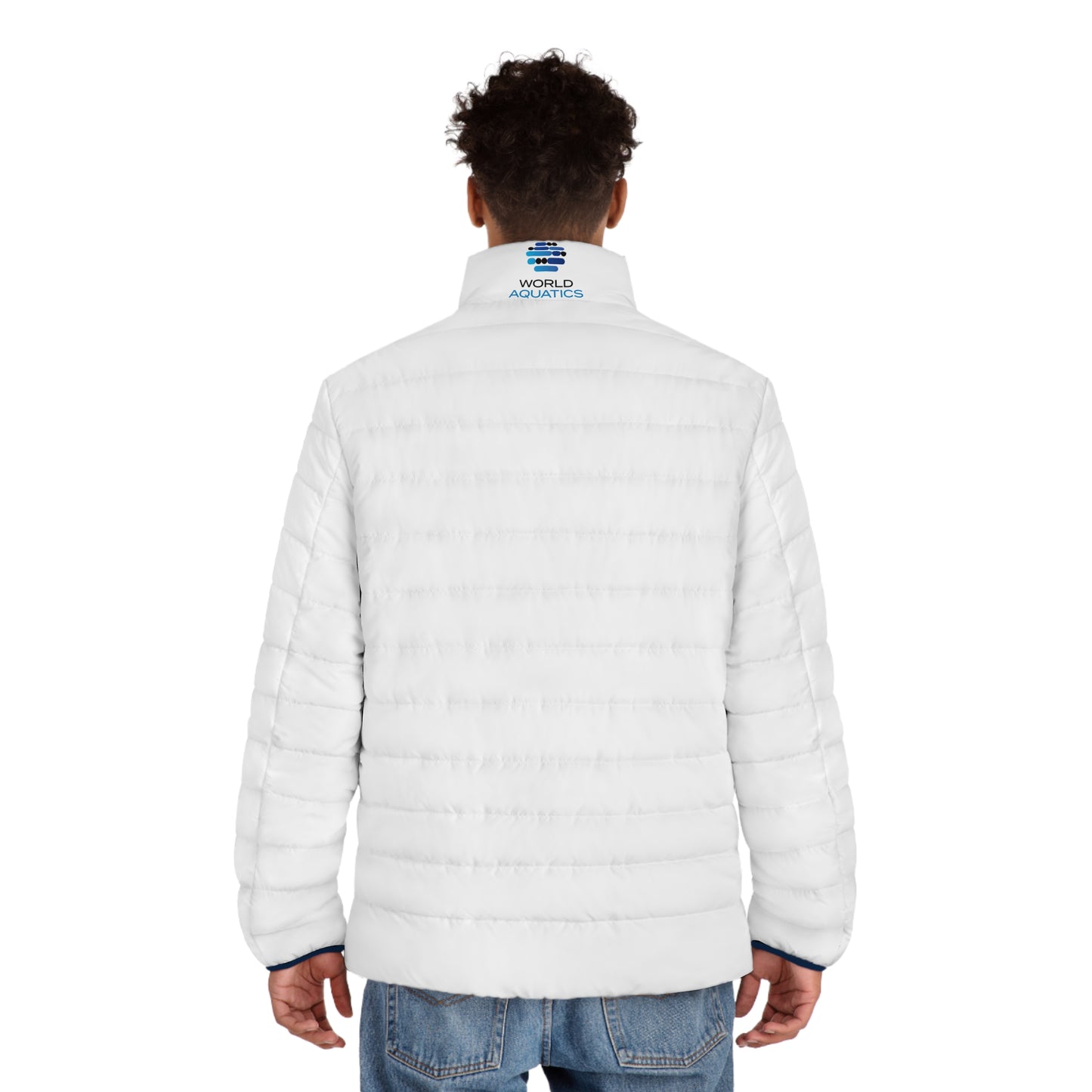 Back view of World Aquatics Men’s Puffer Jacket – minimalist winter design for versatile styling.
