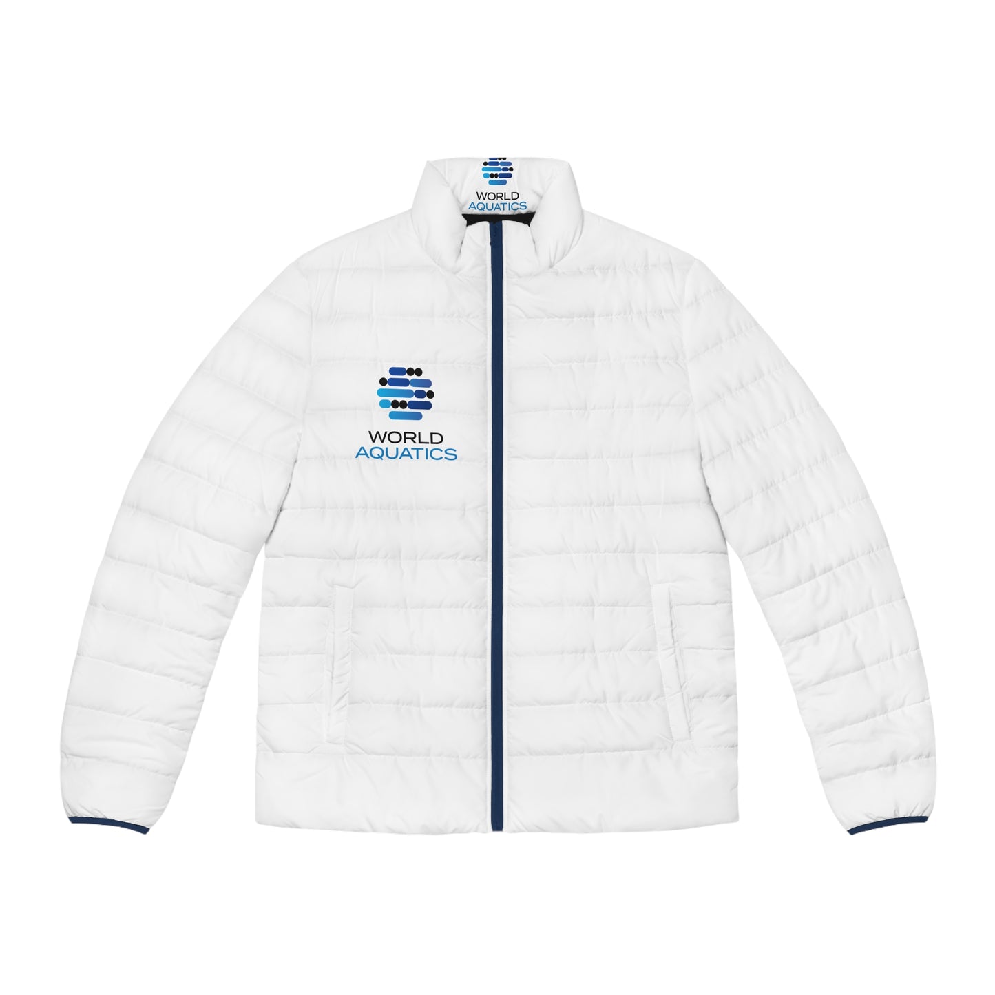 World Aquatics men’s puffer jacket – quilted, stand-up collar design with black zipper for modern comfort.