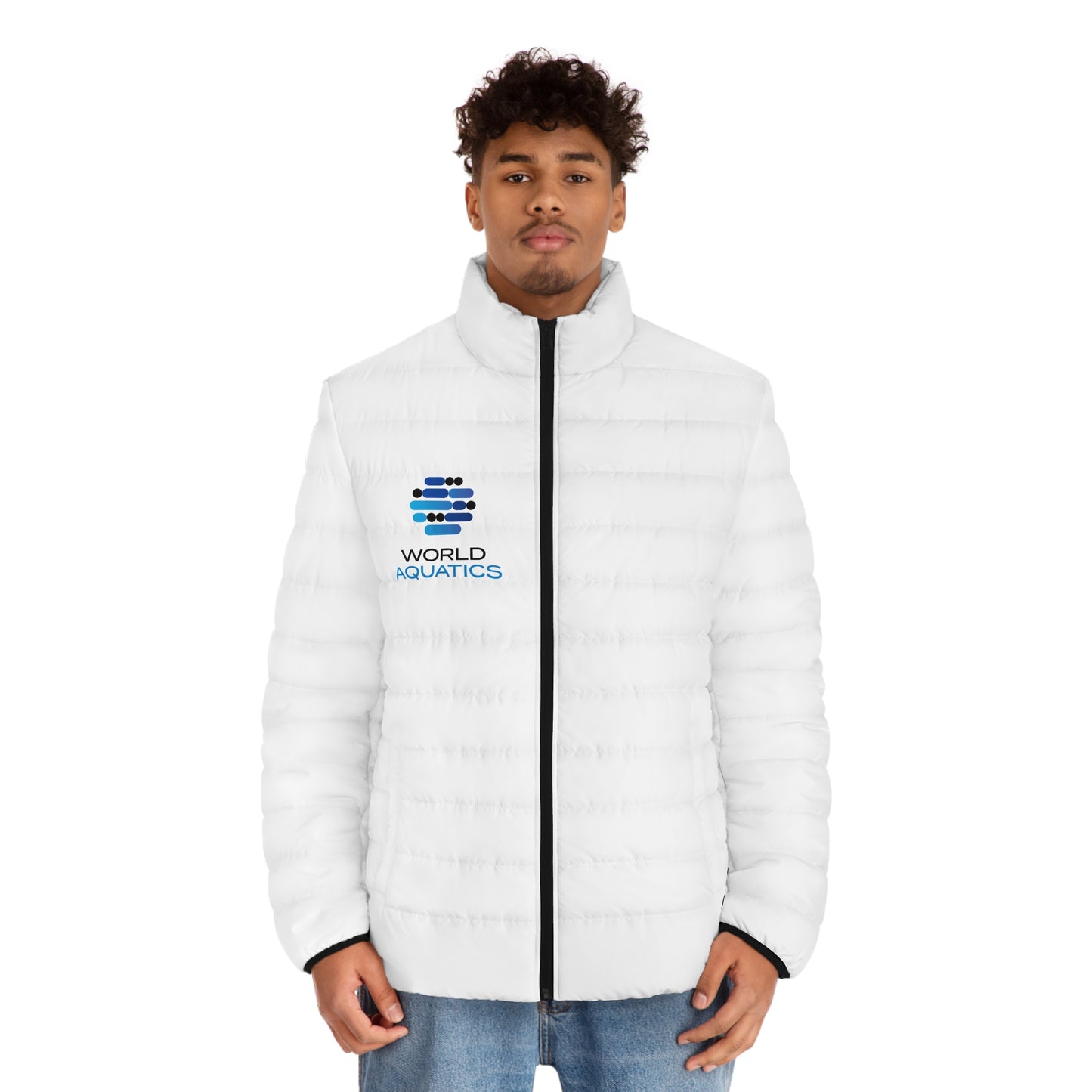 Man wearing World Aquatics Men’s Puffer Jacket – warm lightweight outerwear with logo, ideal for cold weather.