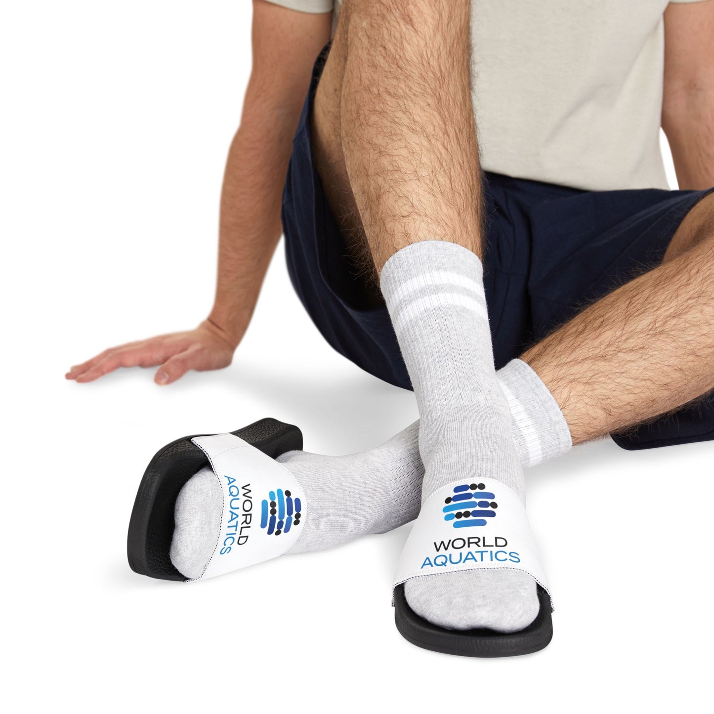 Detail image of World Aquatics Men’s Sandals strap showing the removable strap and premium finish.