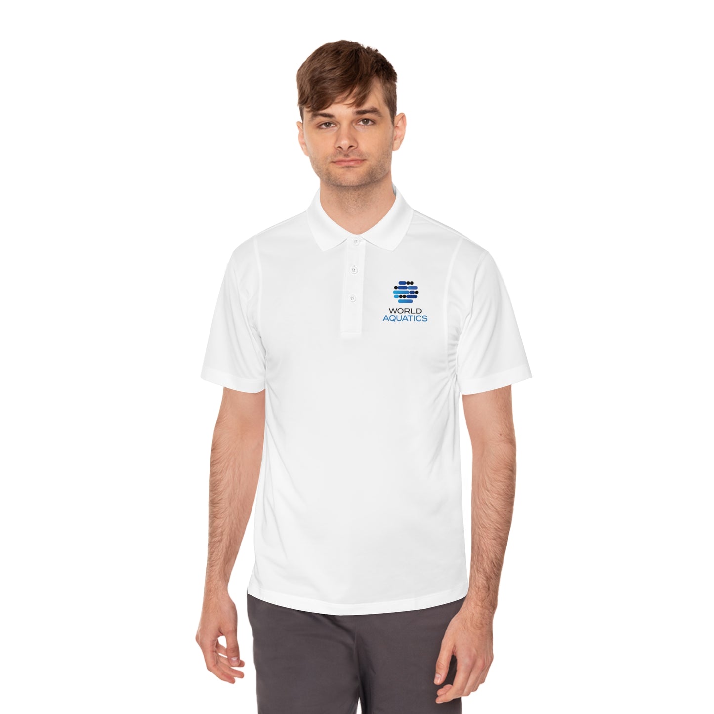 Man wearing World Aquatics Men’s Sport Polo – lightweight performance polo with logo, ideal for active or casual wear.