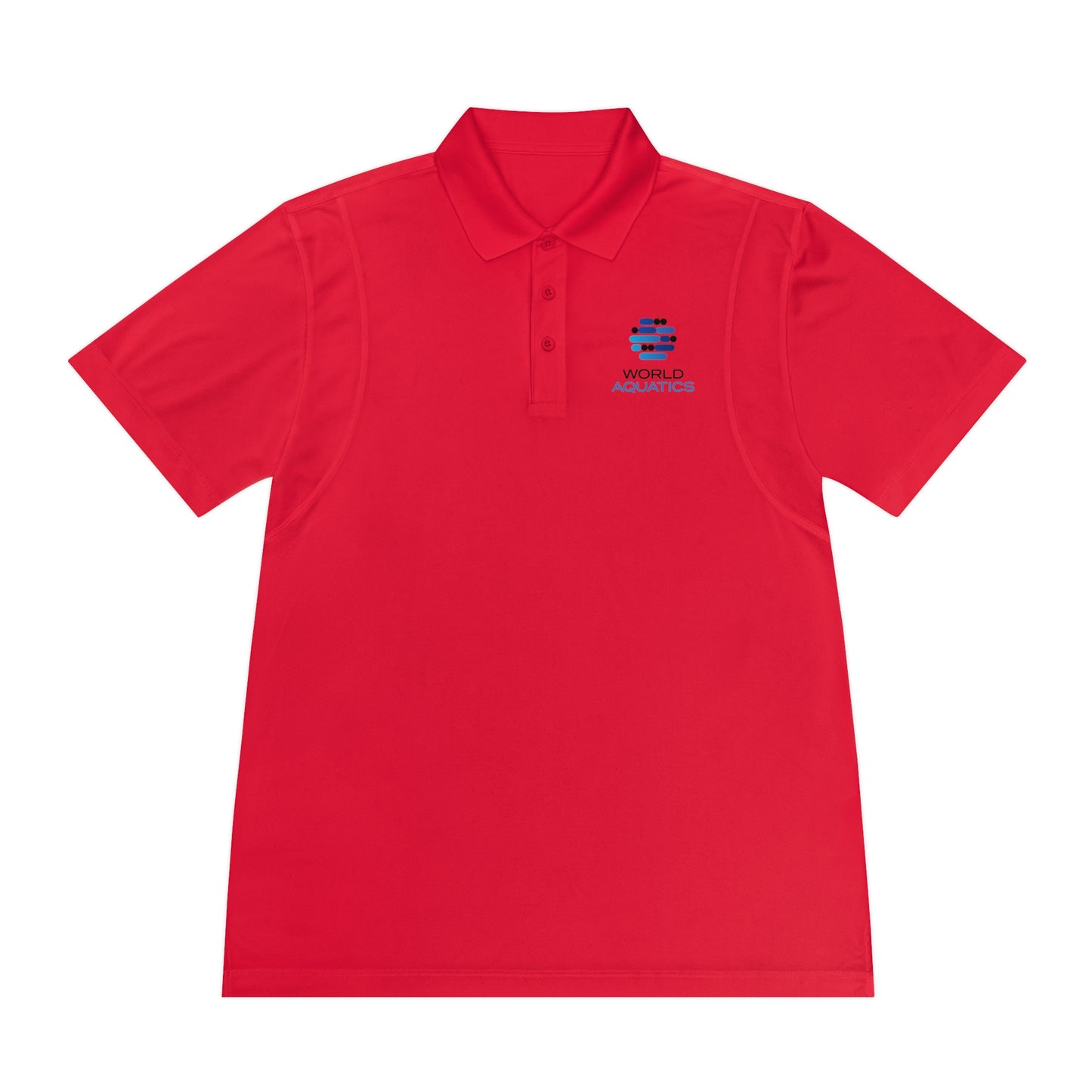 Red World Aquatics Men’s Sport Polo – durable, wrinkle-resistant fabric designed for performance.