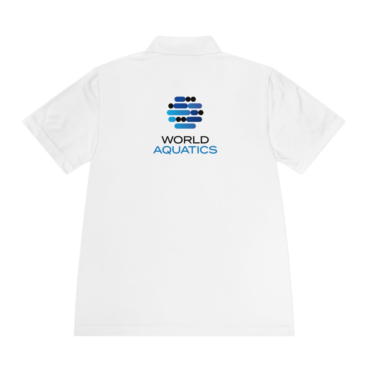 Back view of World Aquatics white sport polo – sleek, minimal design with embroidered logo detail.