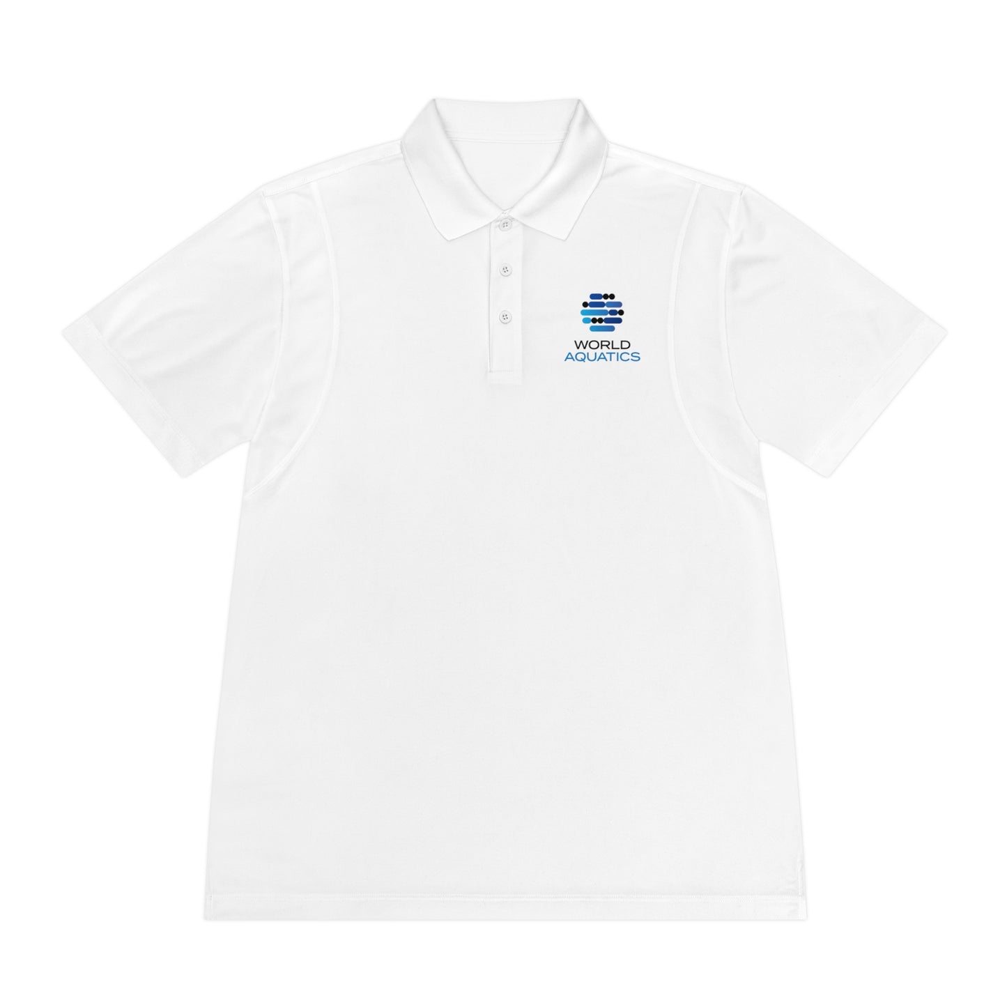 White World Aquatics sport polo shirt – breathable polyester fabric with classic collar and 3-button placket.