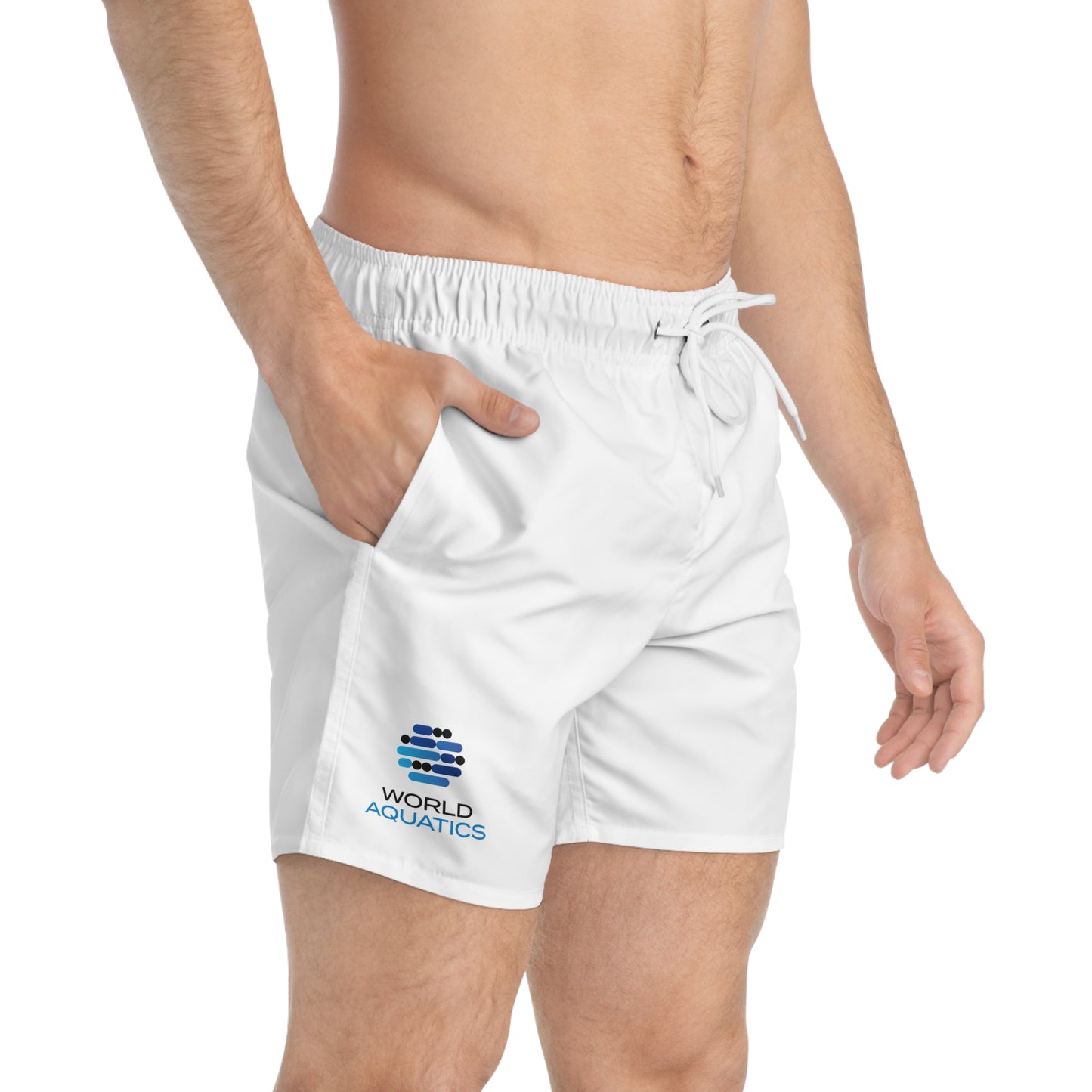 Back view of World Aquatics Men’s Swim Trunks highlighting premium print, durable seams and modern swimwear fit.