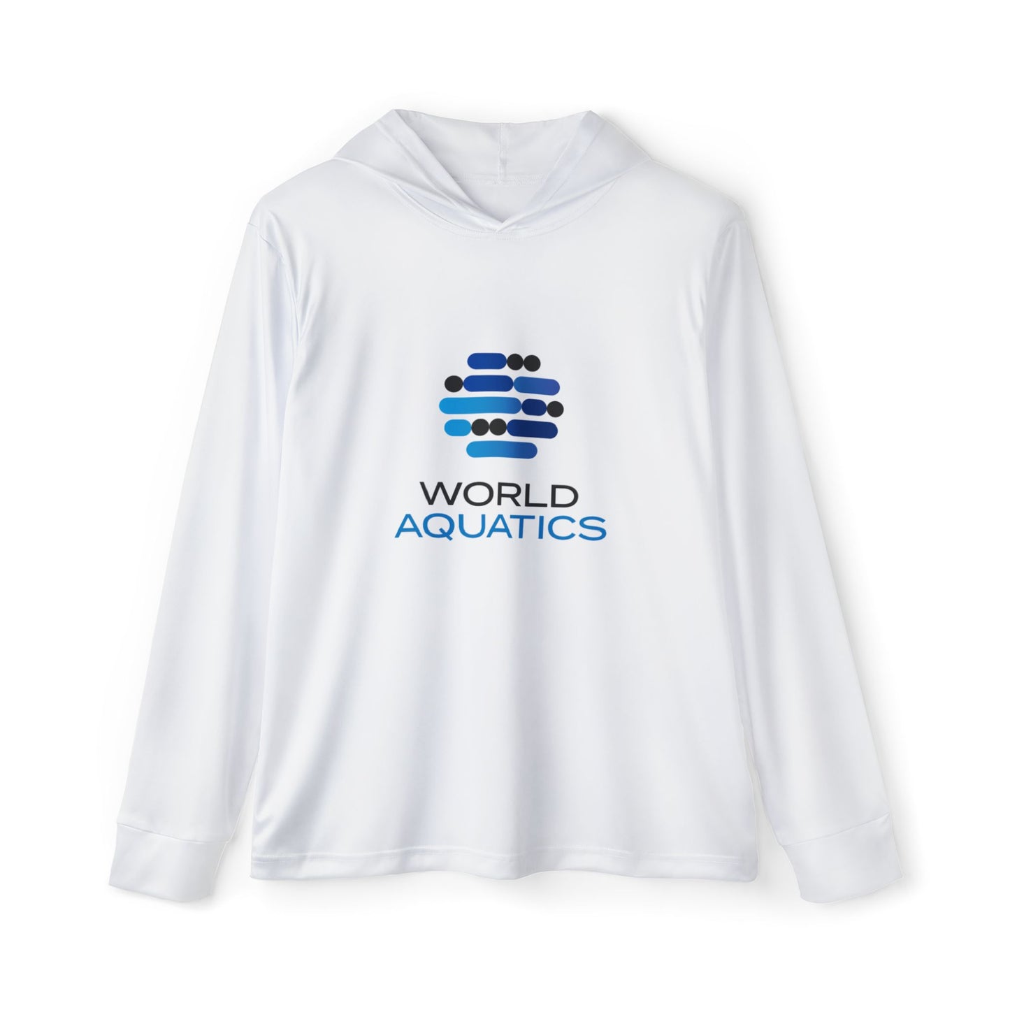 World Aquatics Outdoor Hoodie – moisture-wicking polyester fabric with printed logo and hooded design for comfort.