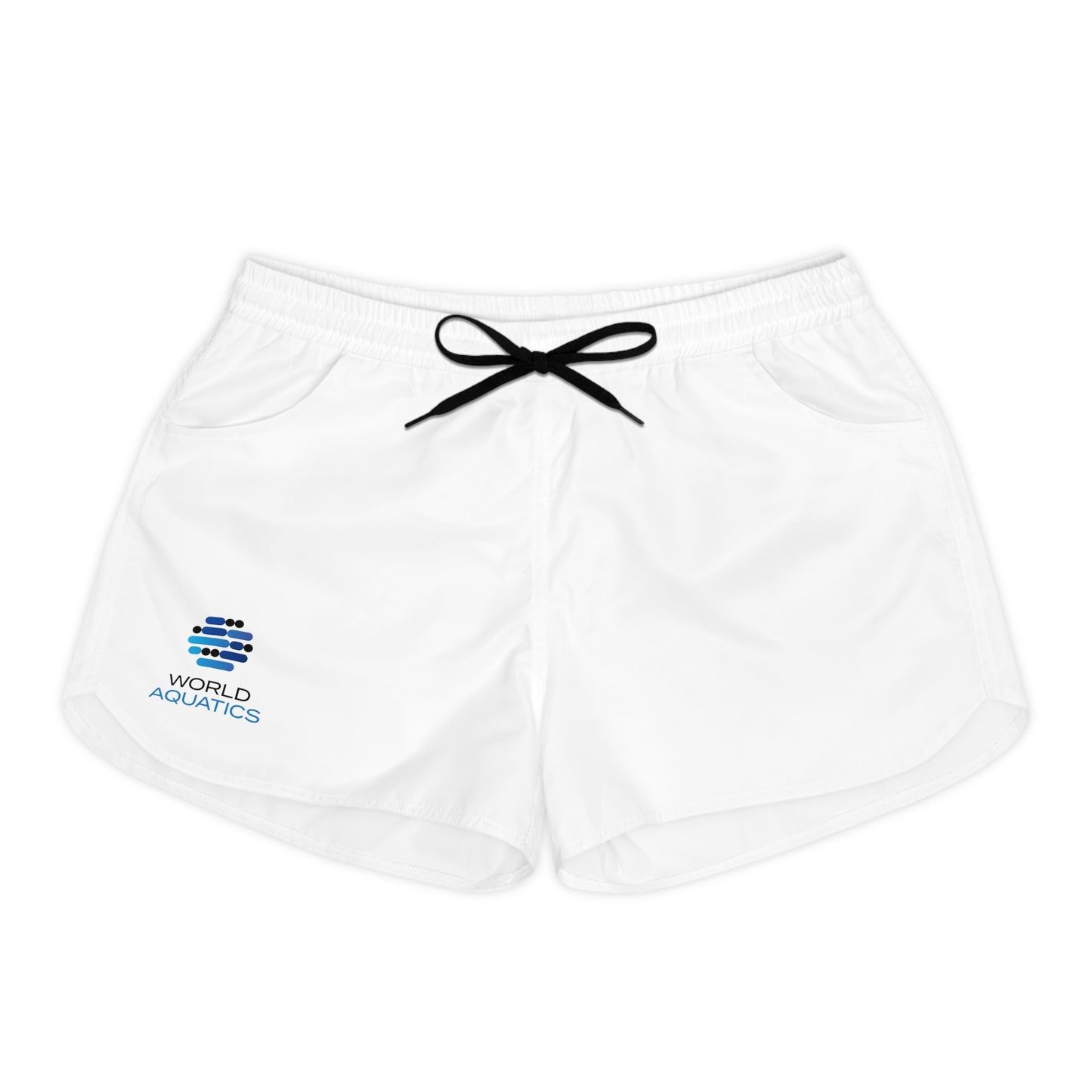 Flat lay view of World Aquatics Performance Shorts – white polyester shorts with black drawstring and logo print.