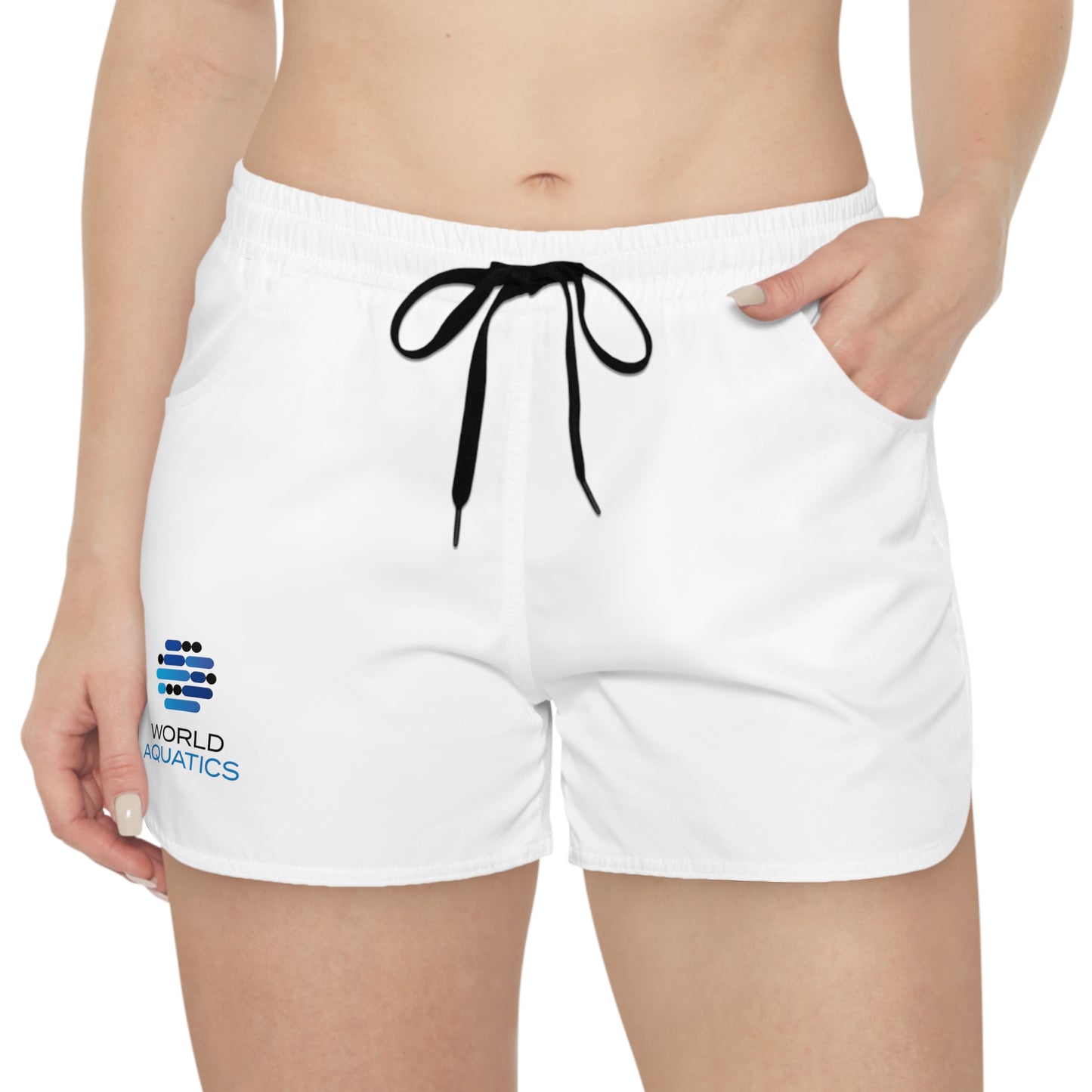 Woman wearing World Aquatics Performance Shorts – lightweight, breathable sports shorts with World Aquatics logo and drawstring waistband.