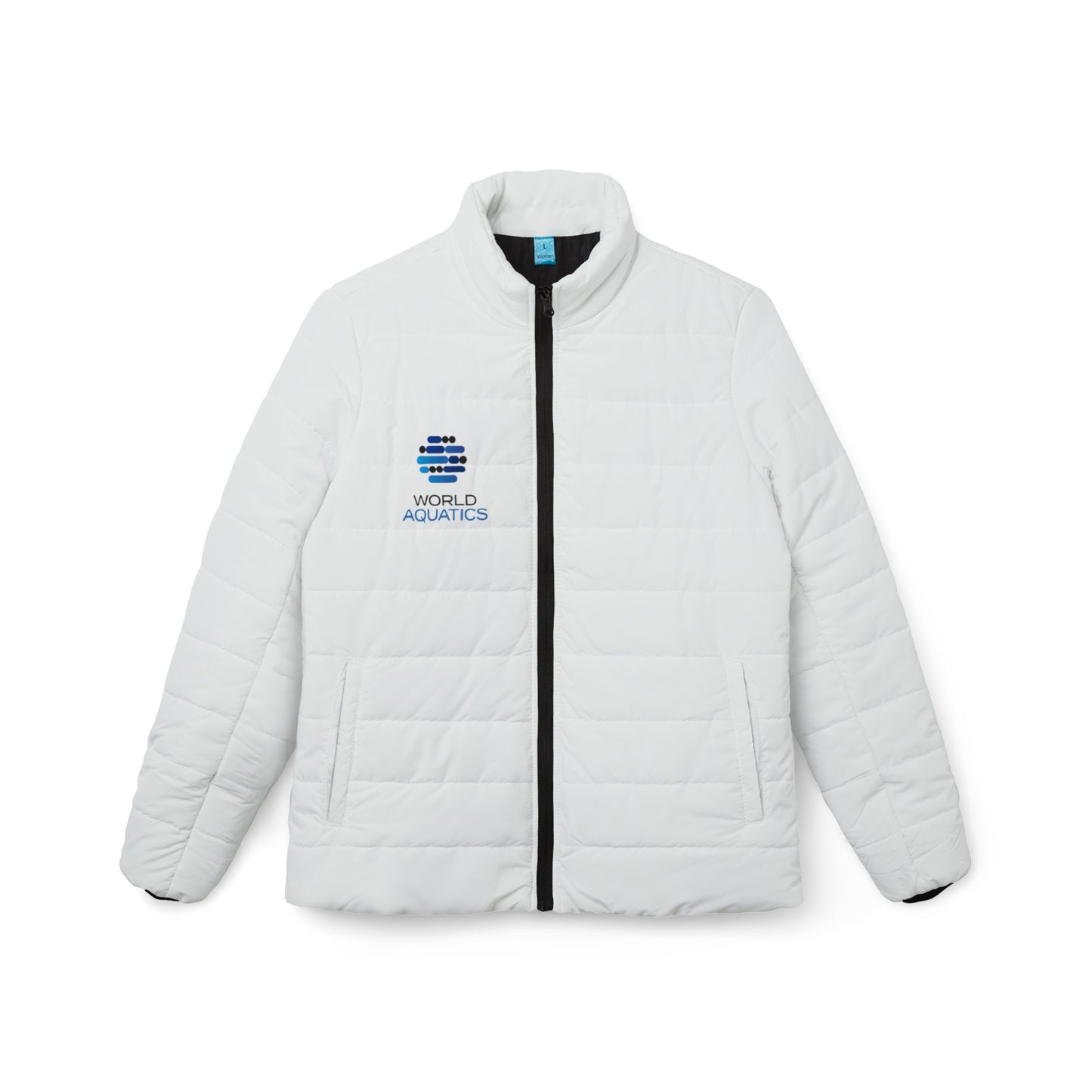 Front view of World Aquatics Puffer Jacket – white quilted design with zipper closure and side pockets.