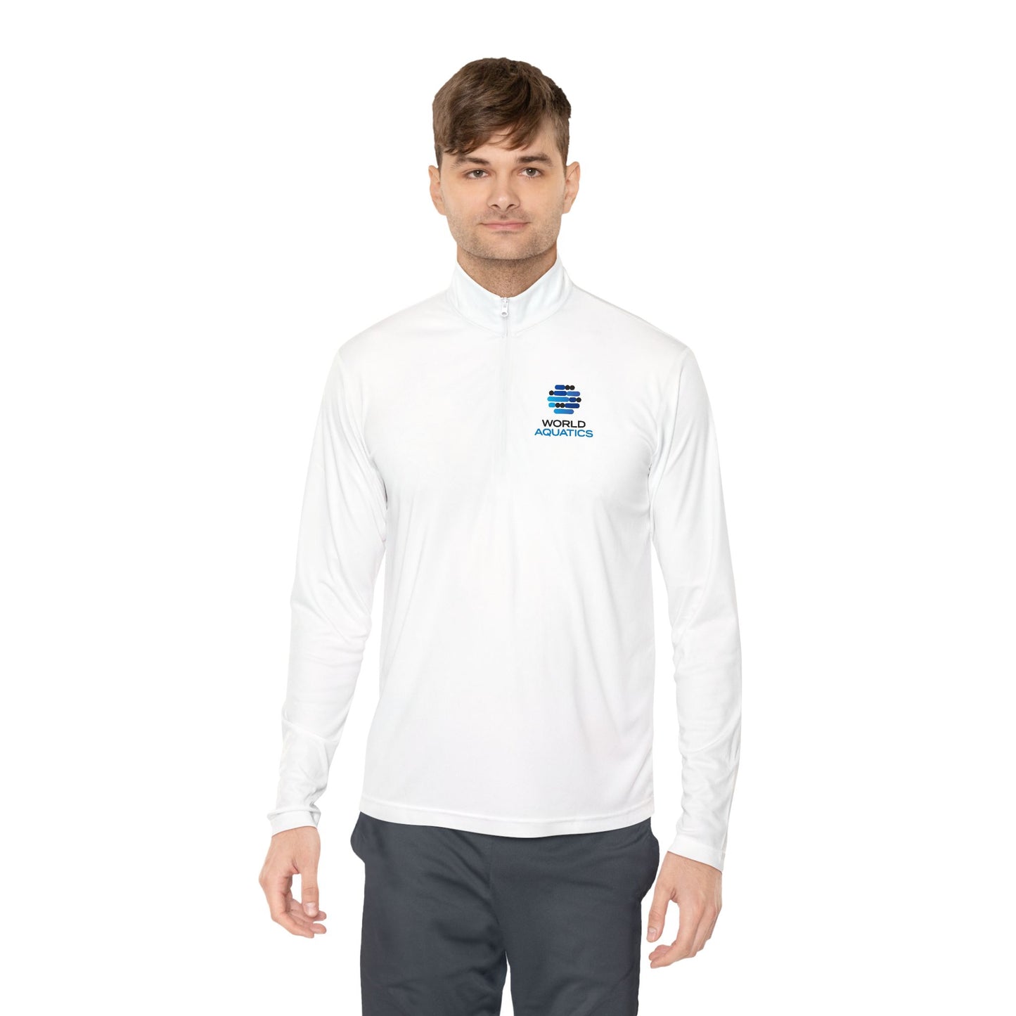 Man wearing World Aquatics Quarter-Zip Pullover – lightweight white sports pullover with logo, ideal for training or casual wear.