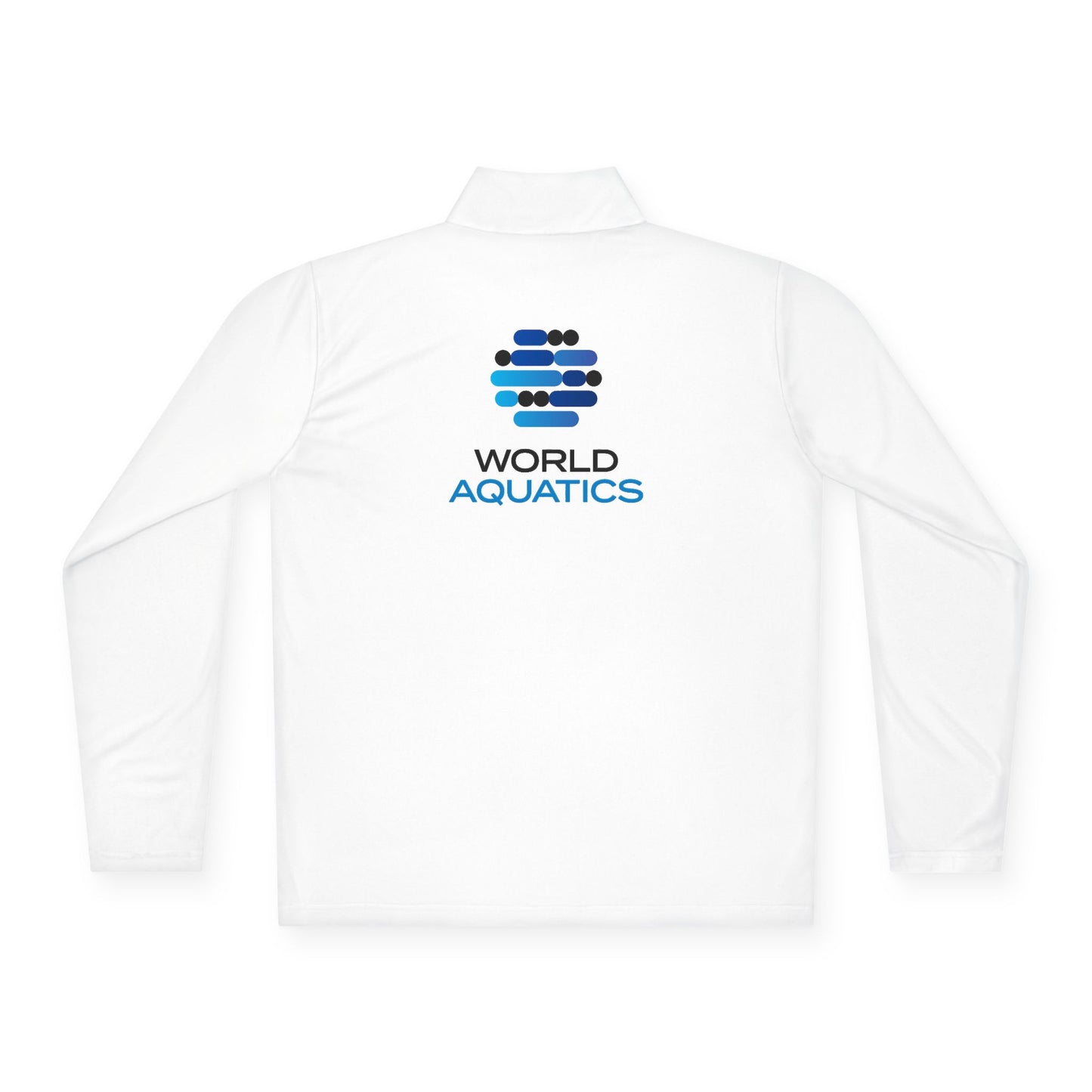 Back view of World Aquatics white quarter-zip pullover – breathable and durable athletic top with logo detail.