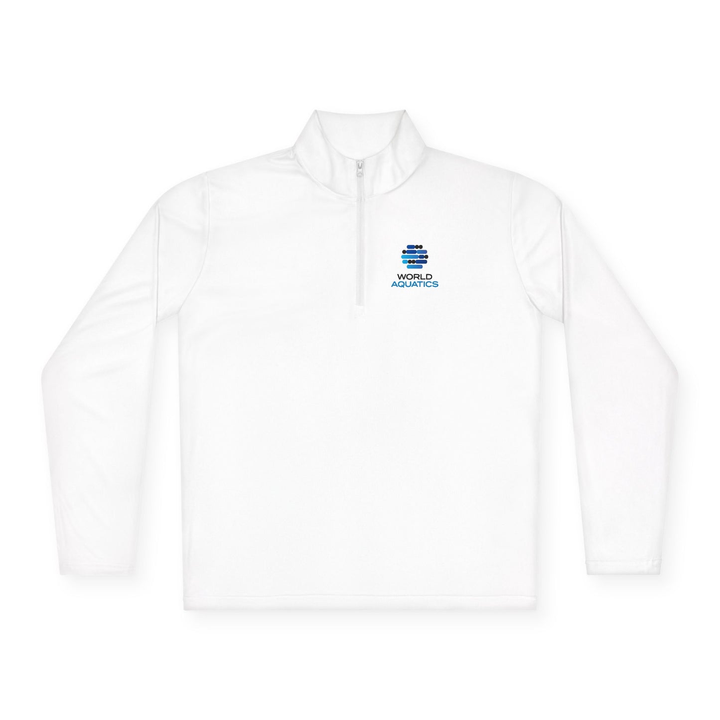 White World Aquatics quarter-zip pullover – moisture-wicking polyester fabric designed for comfort and performance.