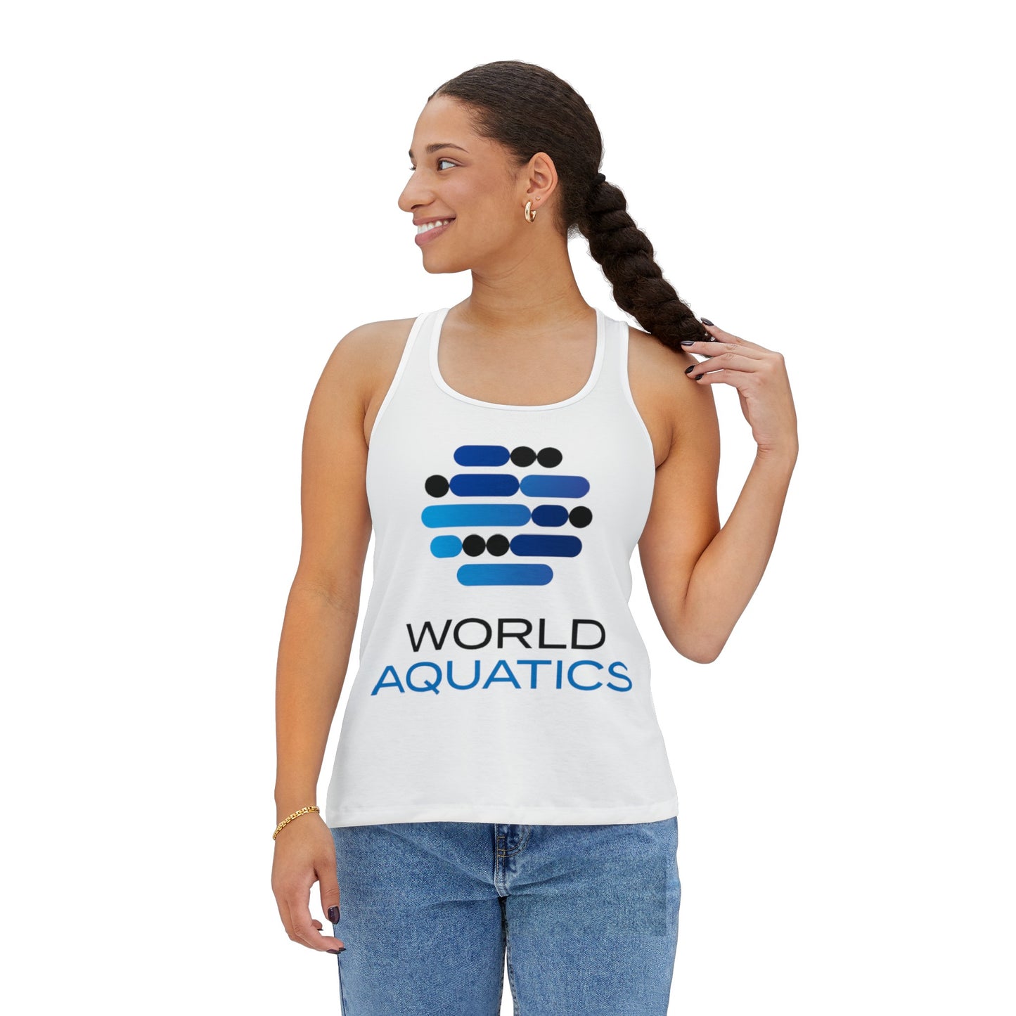 Woman wearing World Aquatics Racerback Top – breathable athletic tank with logo, perfect for workouts or casual wear.