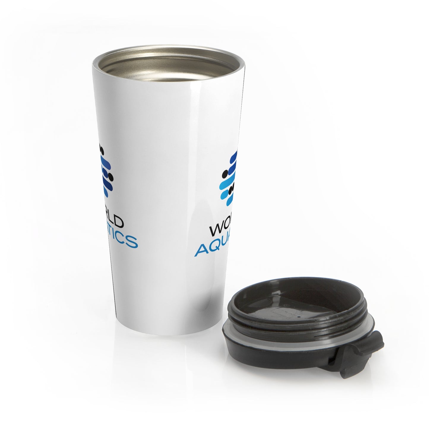 Silver tumbler with 'World Aquatics' logo on a white background