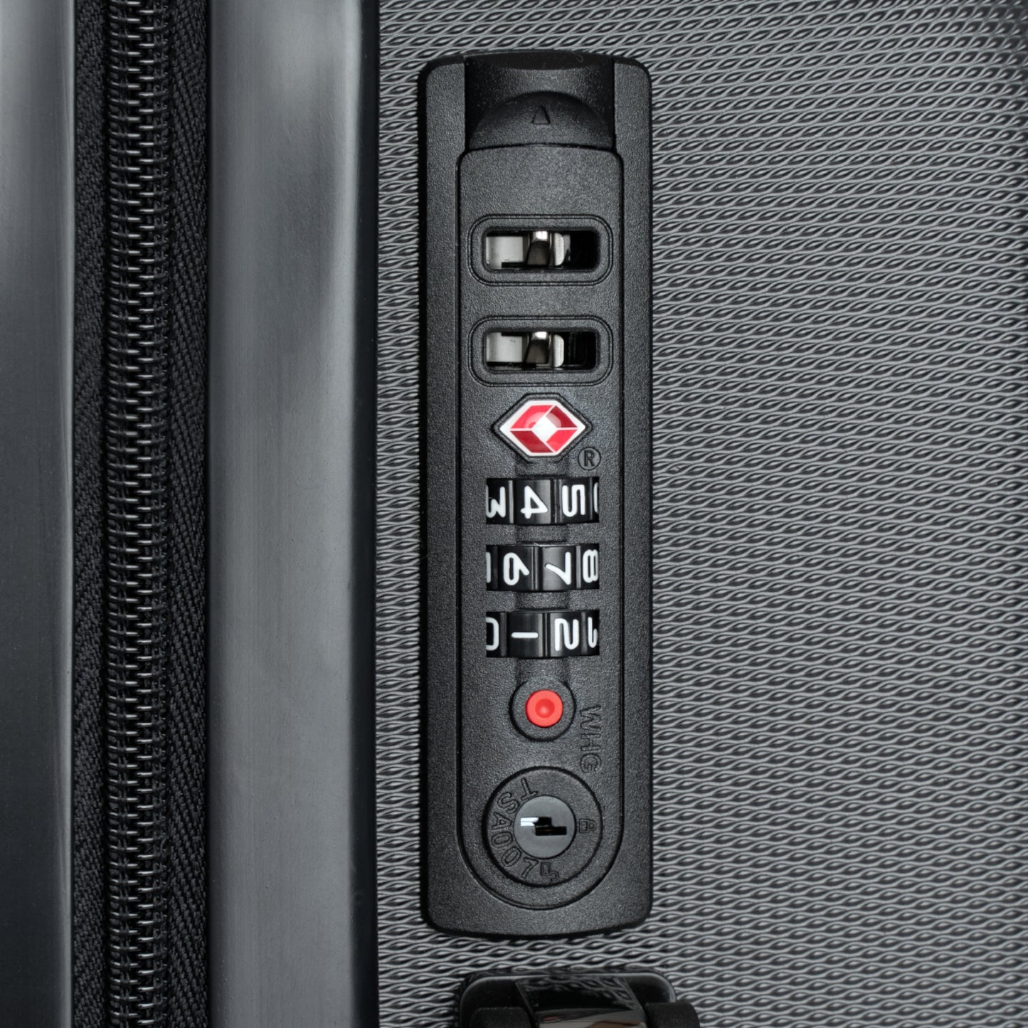 Built-in lock detail on the World Aquatics Suitcase ensuring safety and protection for your belongings during travel.