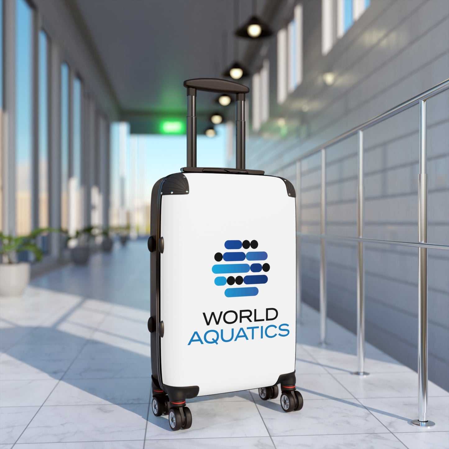 Side view of World Aquatics Suitcase showing strong ABS shell, ergonomic handle, and lightweight construction for easy travel.