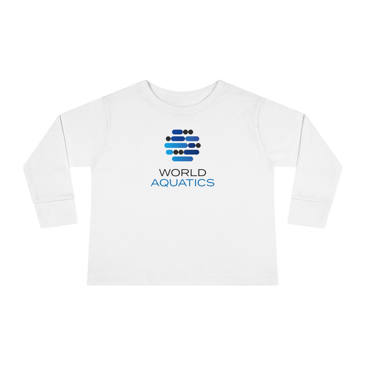 Front view of World Aquatics Toddler Long Sleeve Tee – durable cotton fabric with crew neck and printed World Aquatics logo.