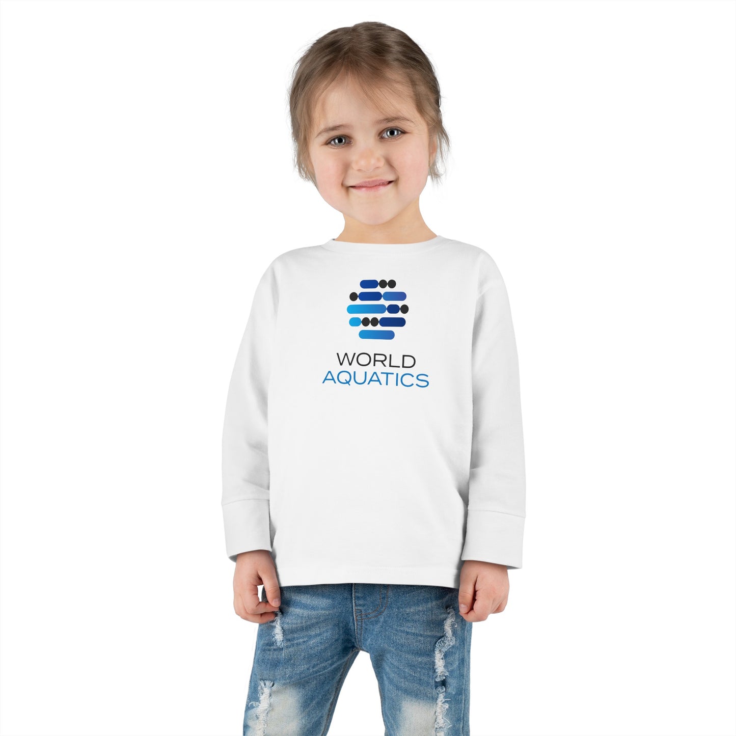 Smiling toddler wearing World Aquatics Long Sleeve Tee – soft and breathable long-sleeve shirt for active kids.