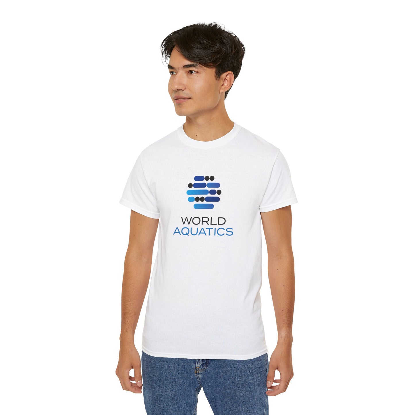 Man wearing World Aquatics Ultra Cotton Tee – premium quality shirt made from 100% cotton.