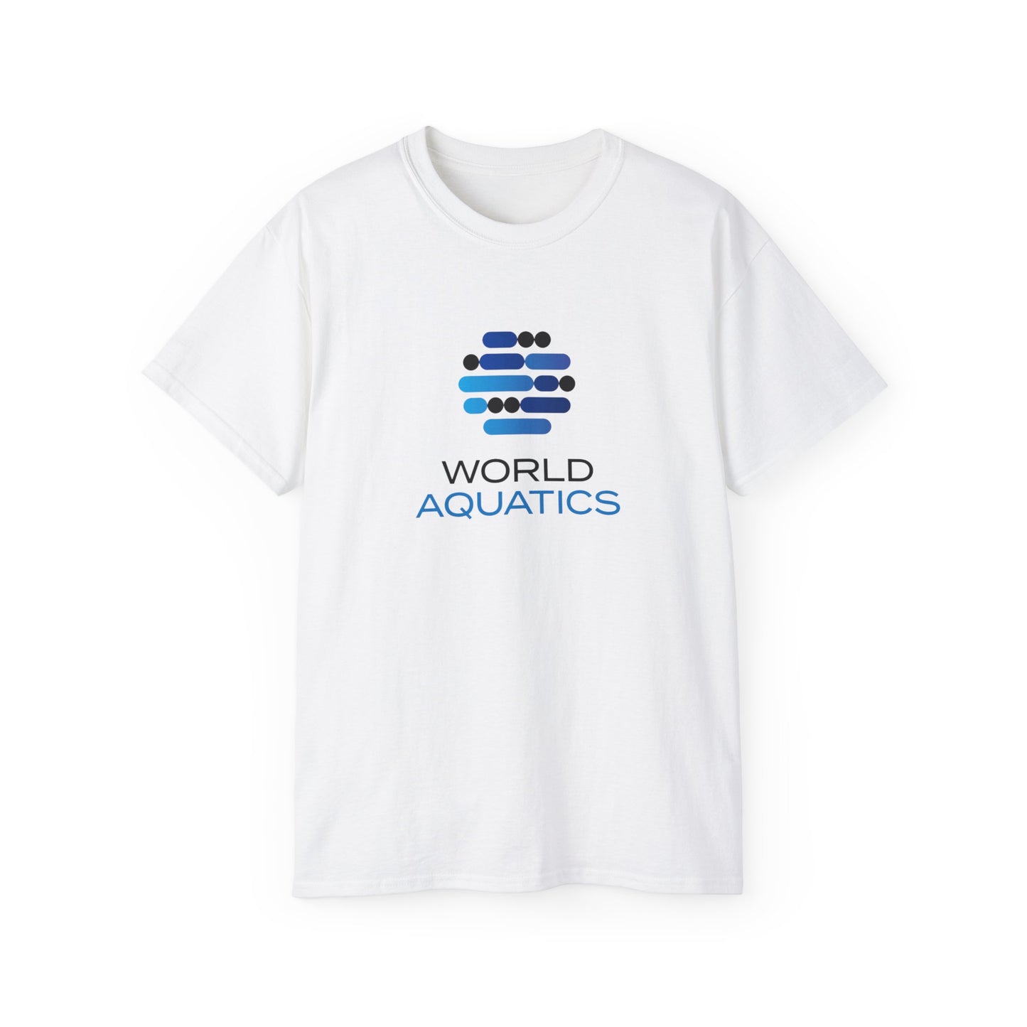 White World Aquatics Ultra Cotton Tee – classic crewneck t-shirt with blue printed logo.