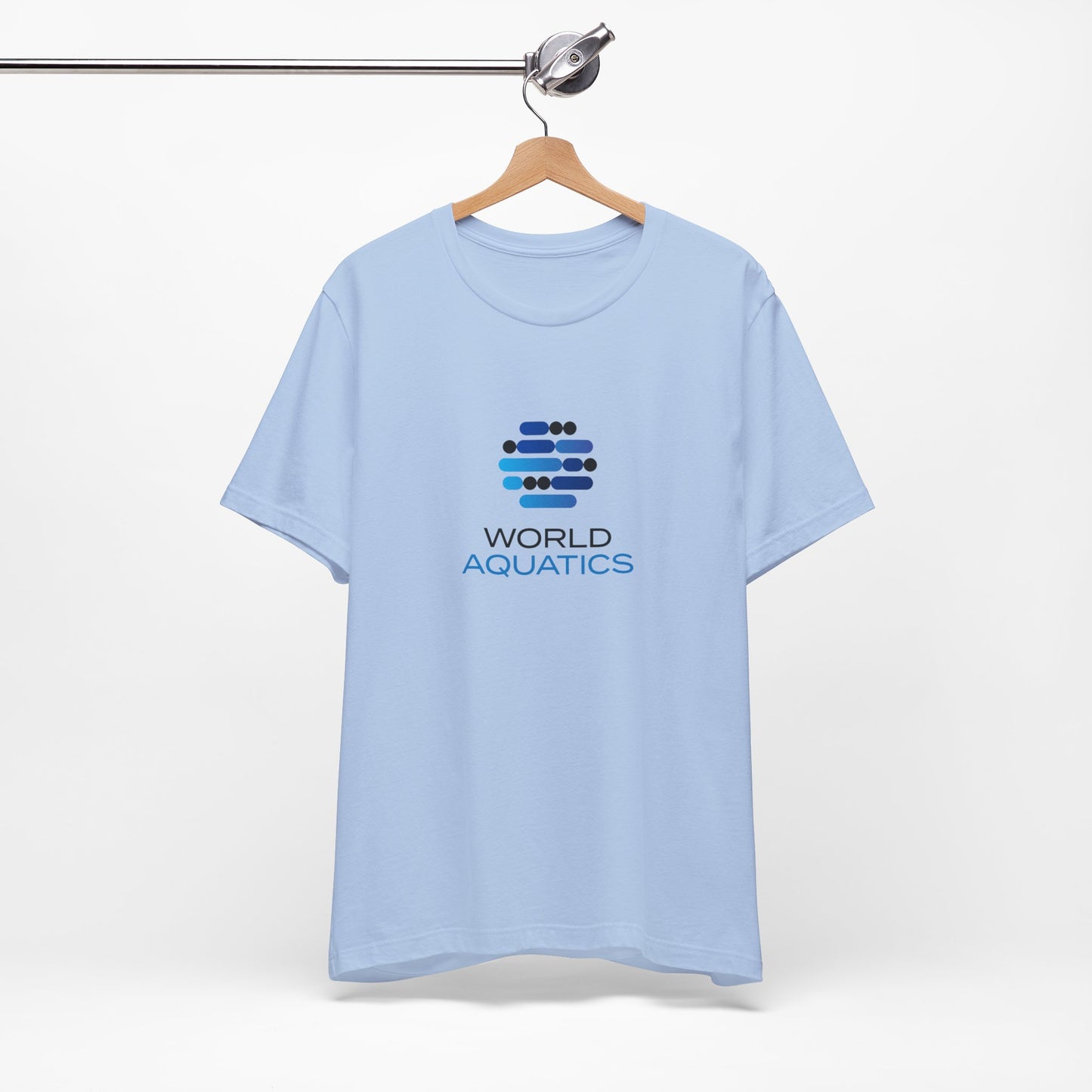 Light blue t-shirt with World Aquatics logo on a hanger against a white background