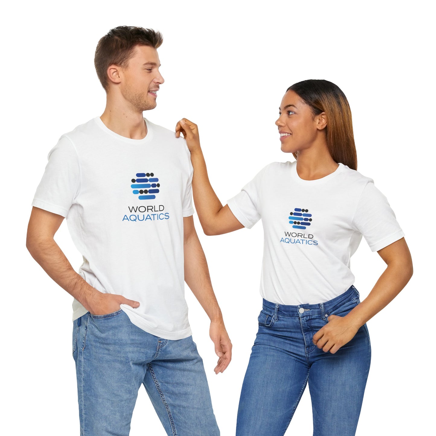 Man and woman wearing World Aquatics Unisex T-Shirt – soft cotton tee with logo, perfect for casual or sporty looks.