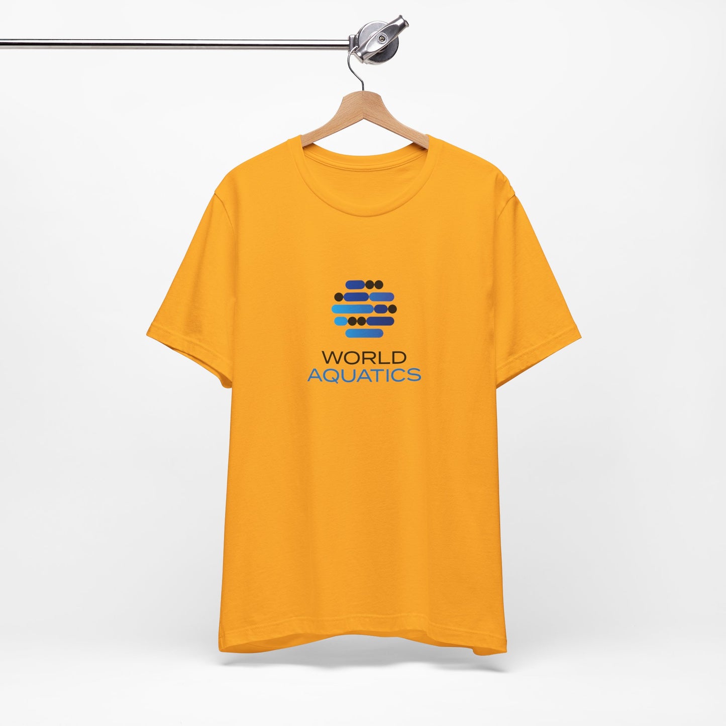 Mustard yellow World Aquatics t-shirt – stylish cotton tee with World Aquatics logo for casual outfits.